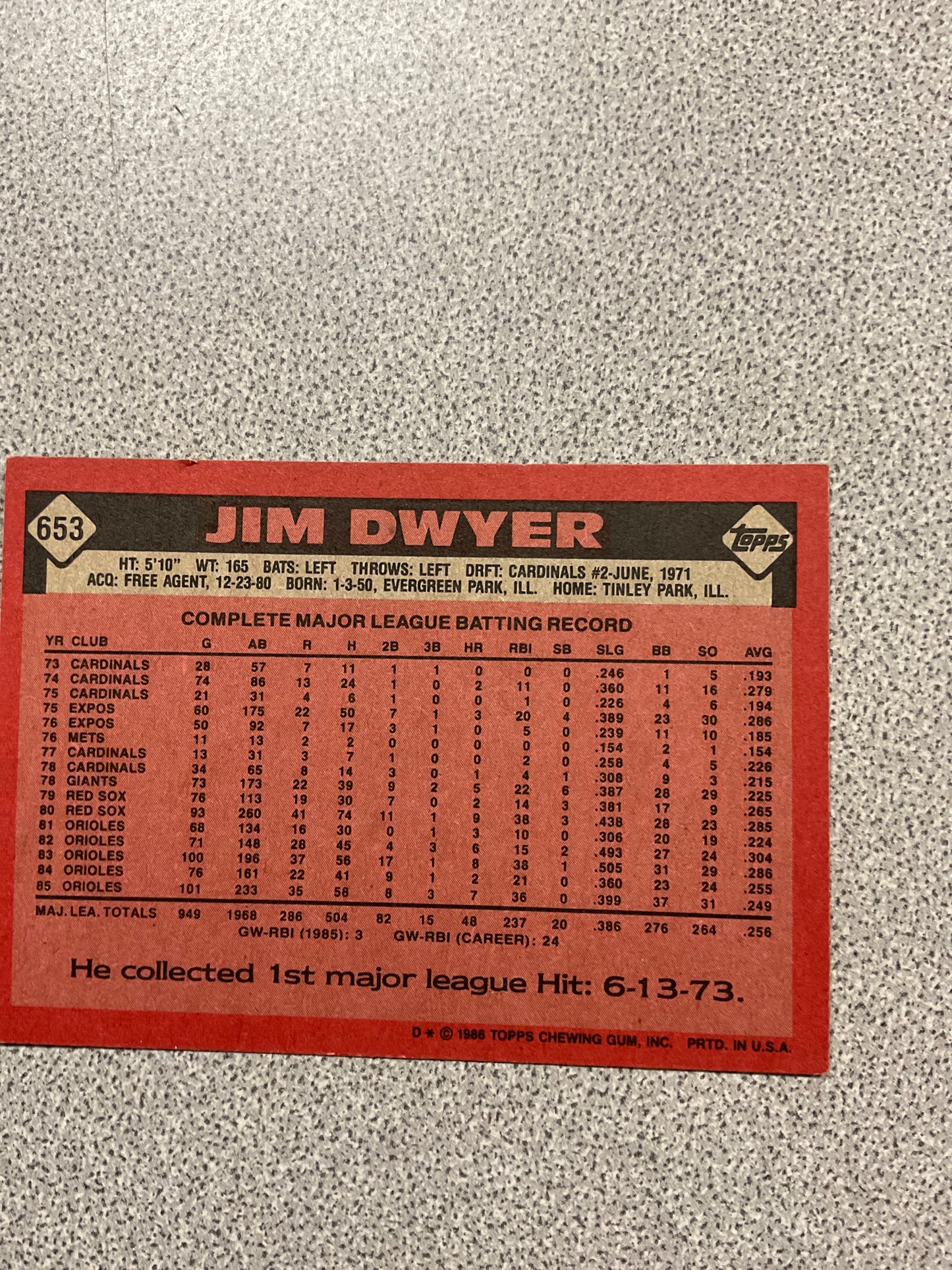 Baseball Card Jim Dwyer