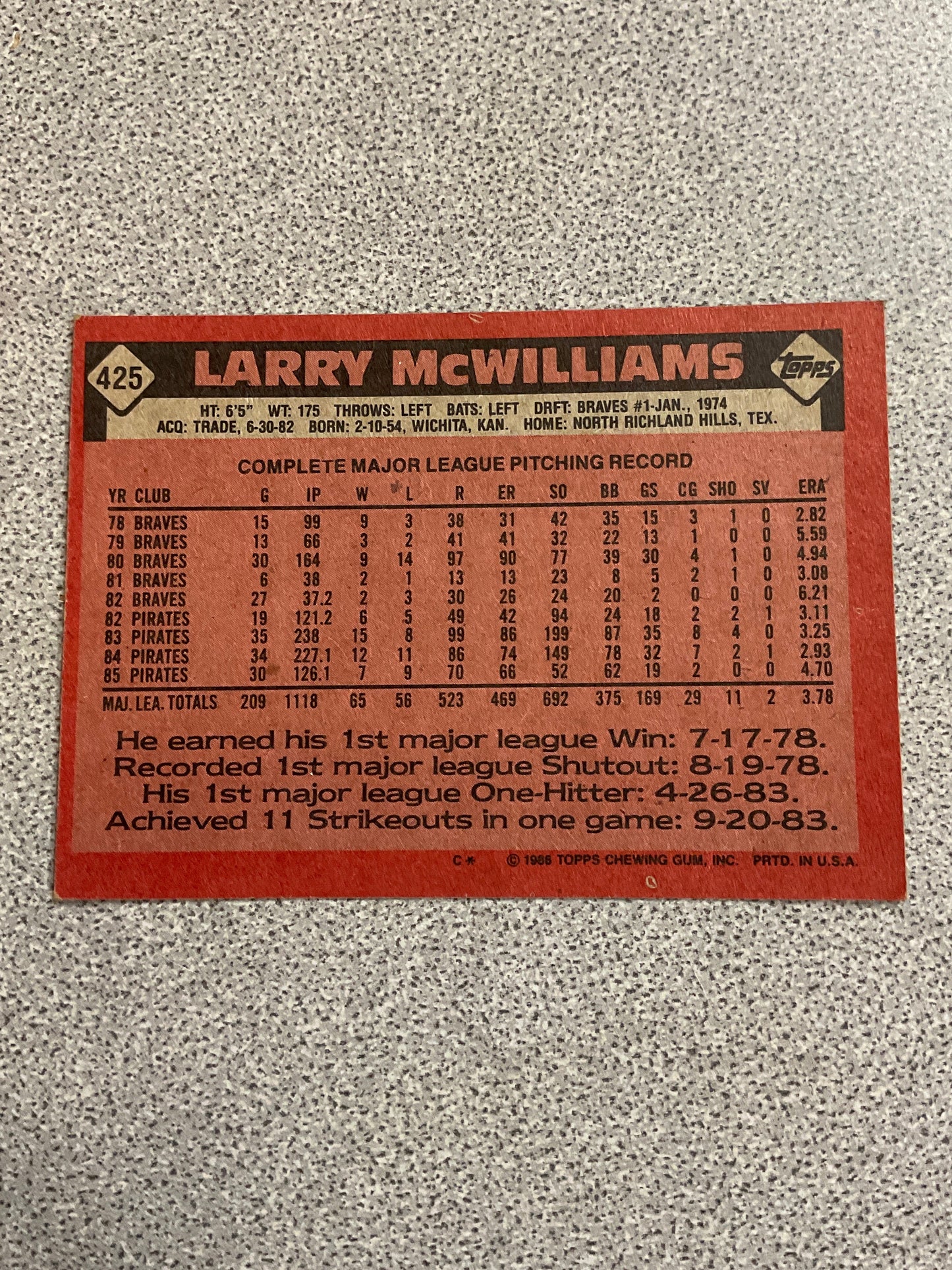 Baseball Card-Larry McWilliams
