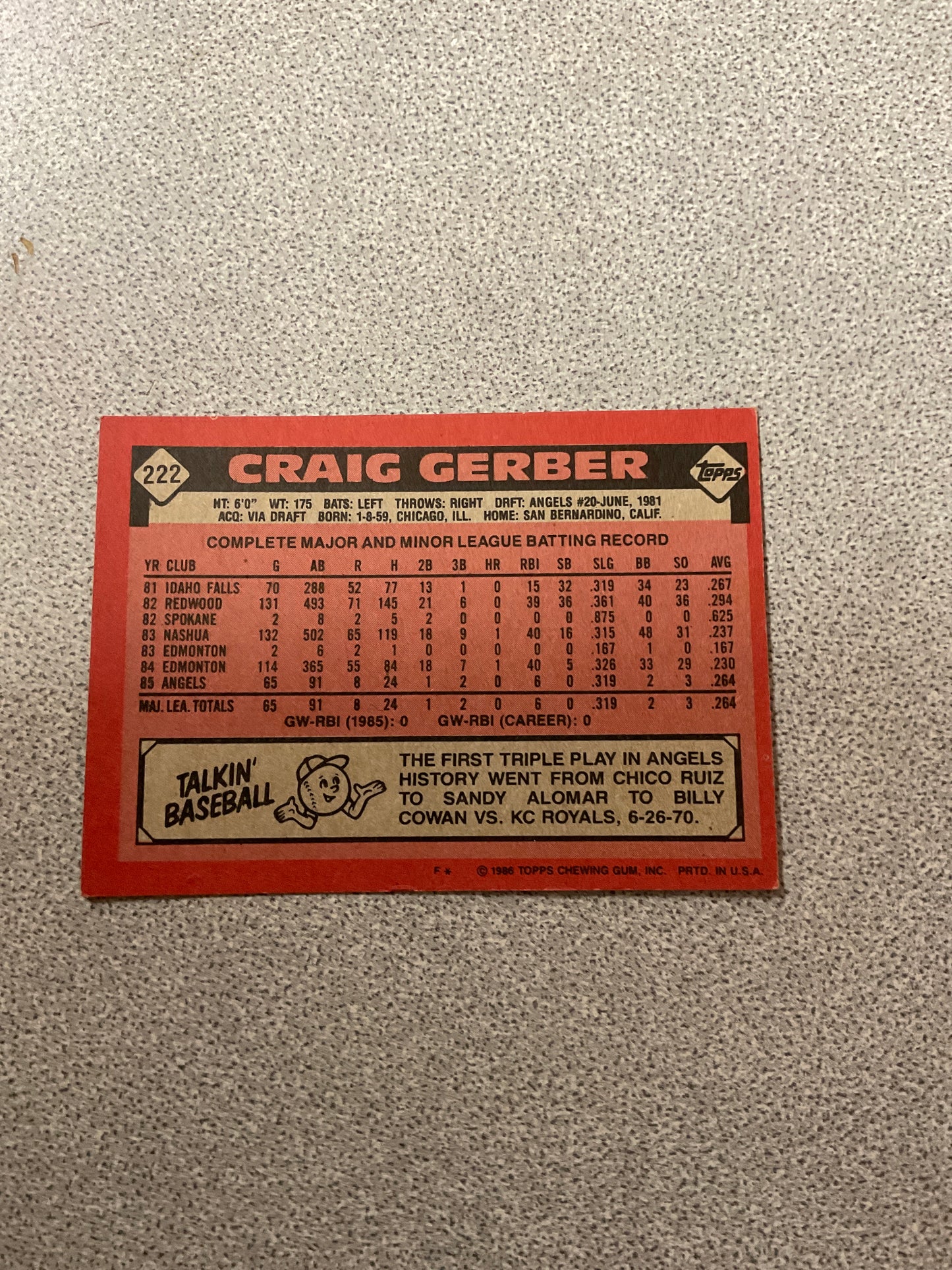 Baseball Card Craig Gerber