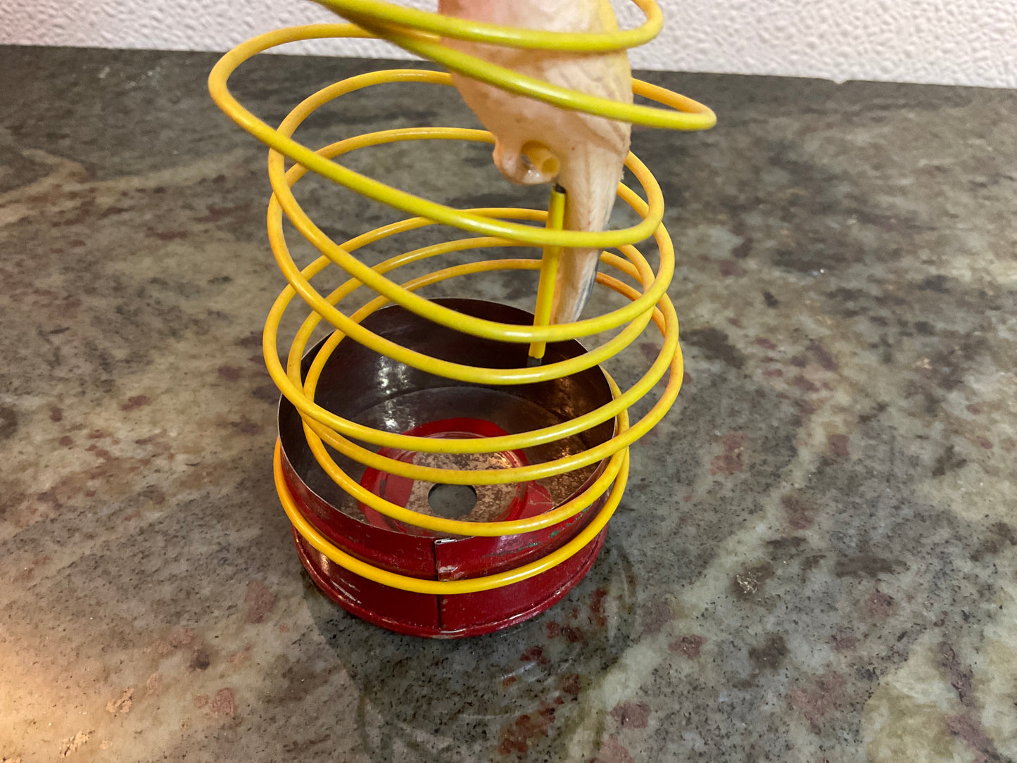 Vintage Celluloid Bird In Spiral Cage