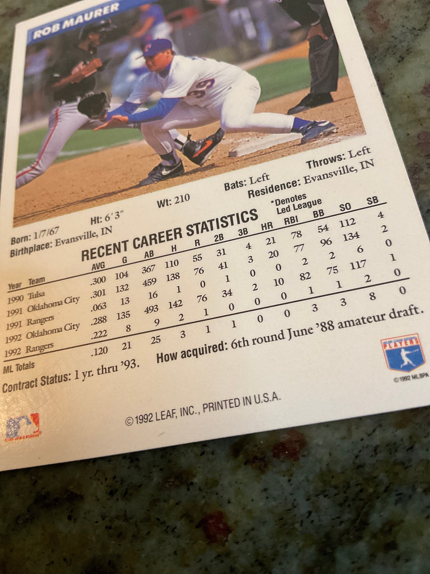 1993 Donruss Rob Maurer Rated Rookie Baseball Card