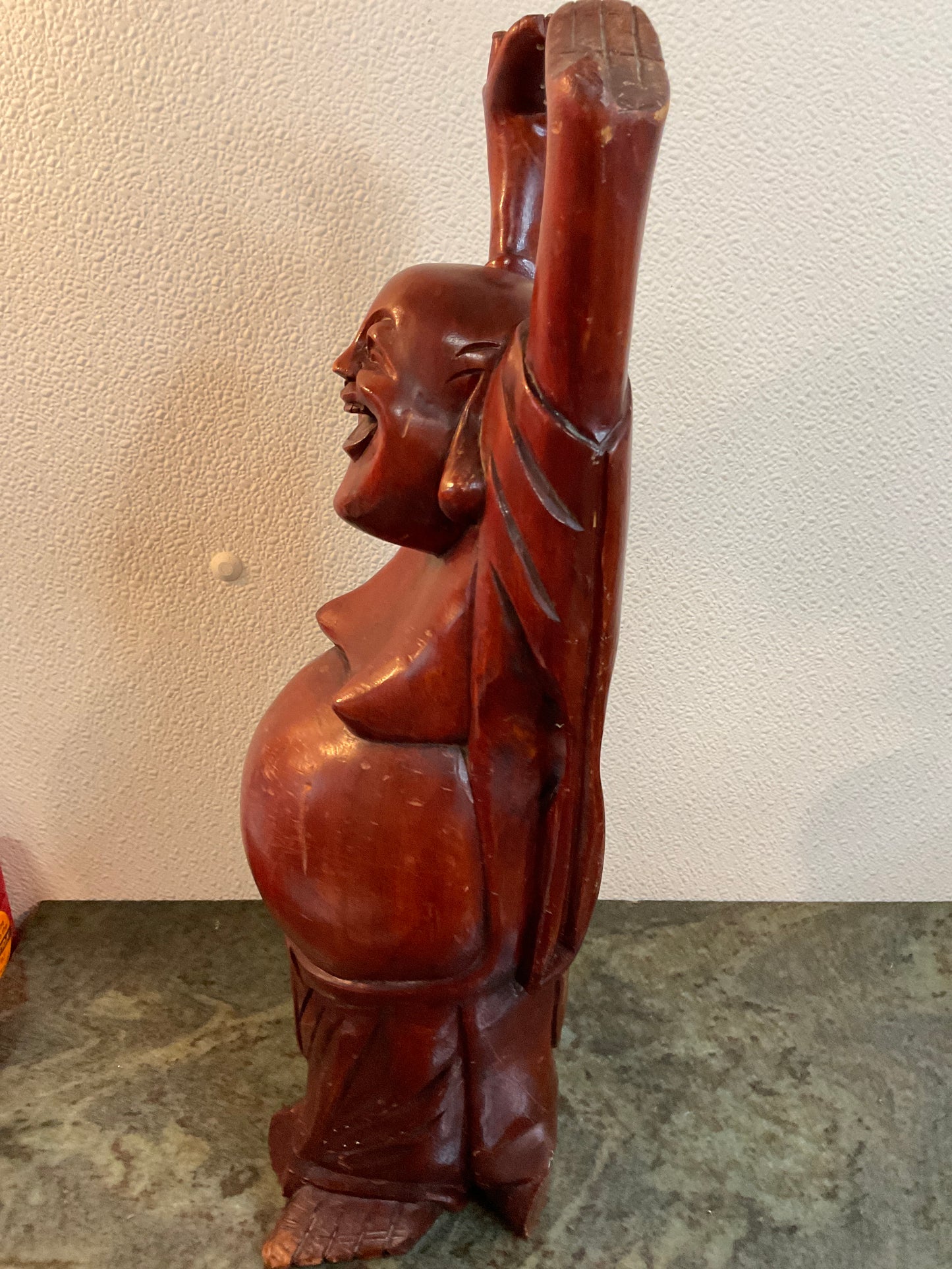 Hand Carved Wood Standing Laughing Buddha