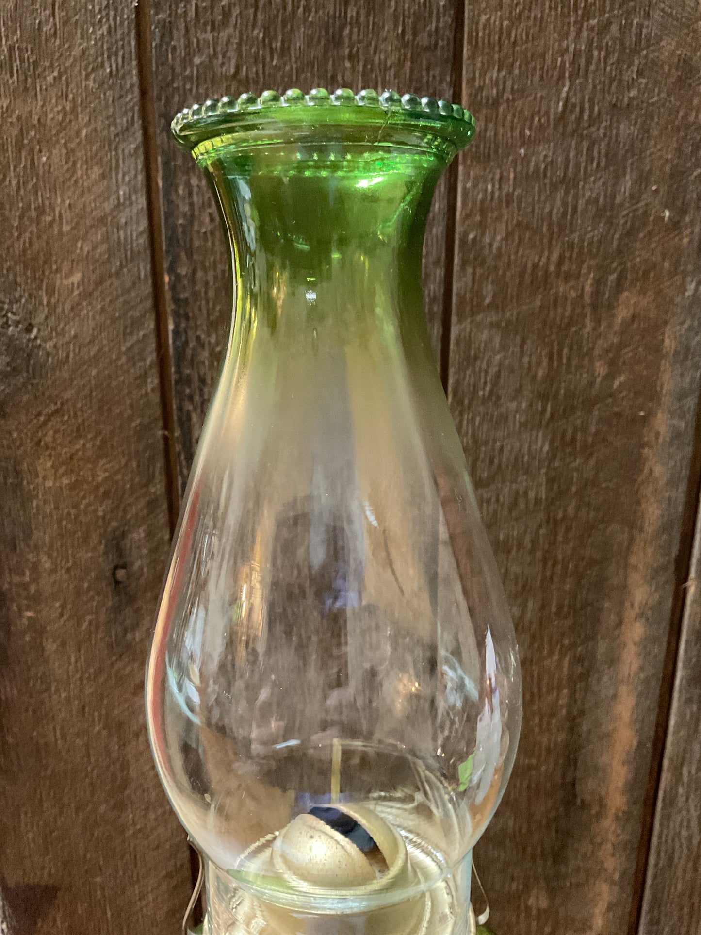 Vintage Oil Lantern with Green Base & Top of Chimney