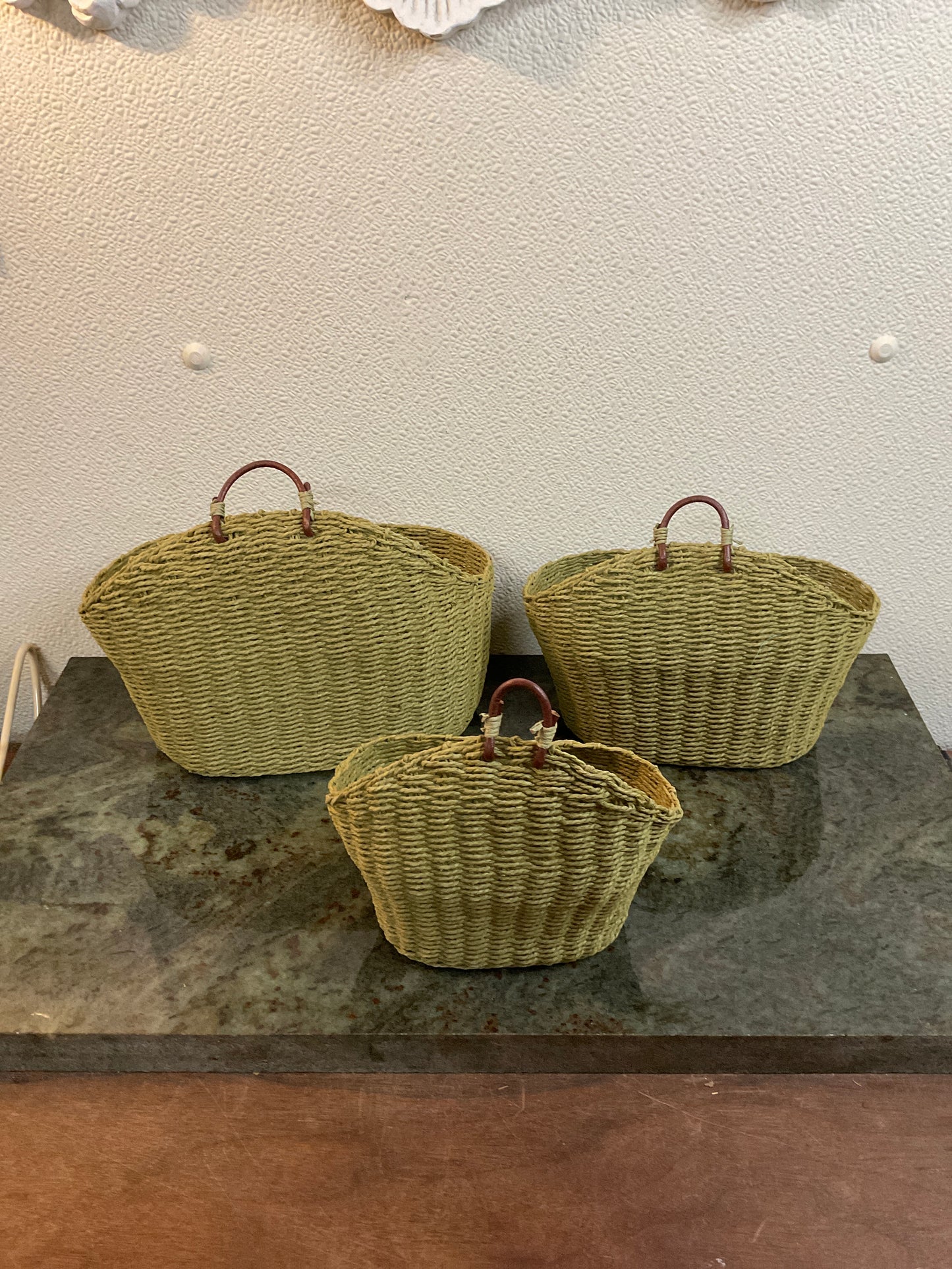 Set Of Three Green Woven Baskets