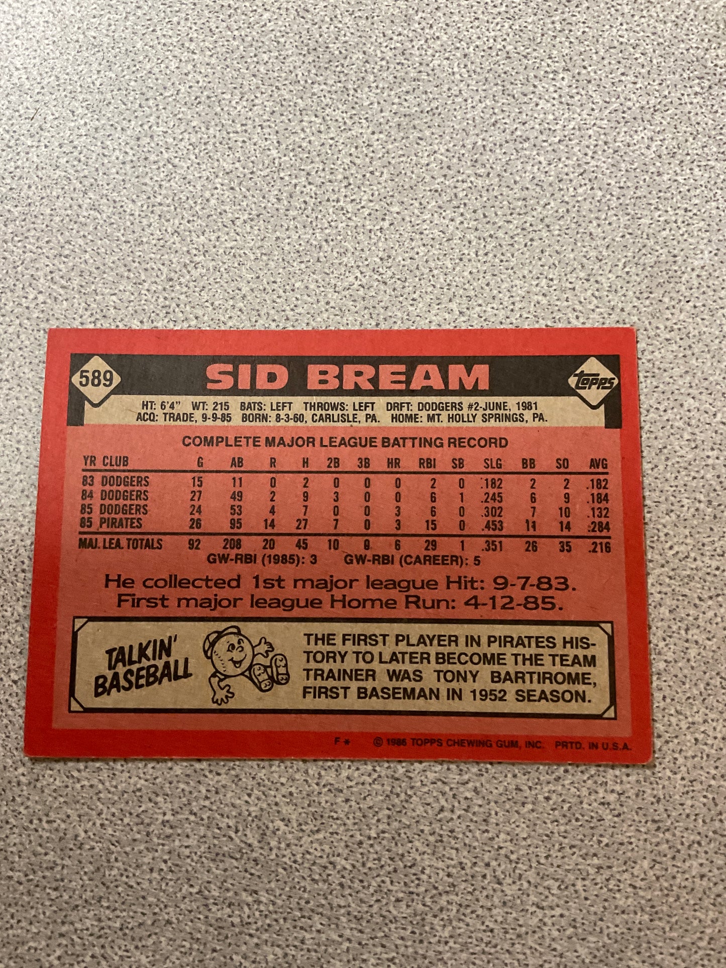 Baseball Card Sid Bream