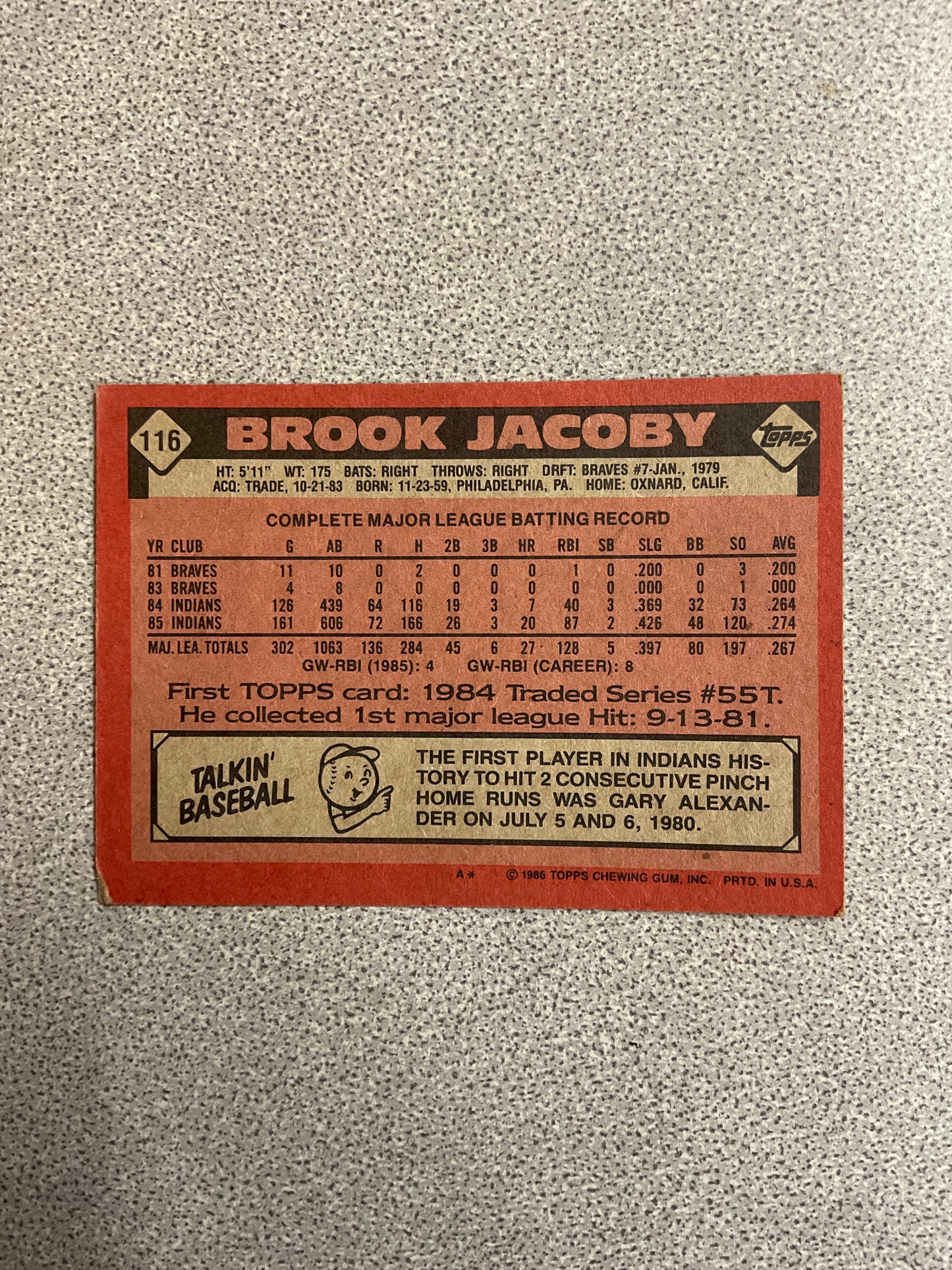 Baseball Card-Brook Jacoby