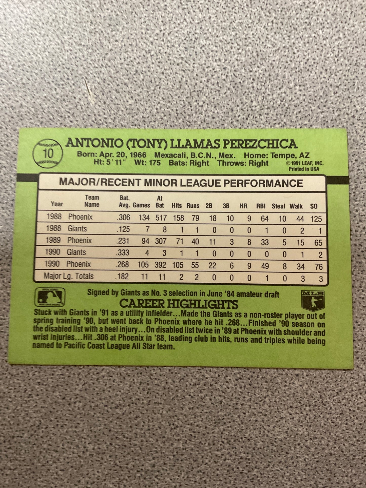 Baseball Card Tony Perezchica