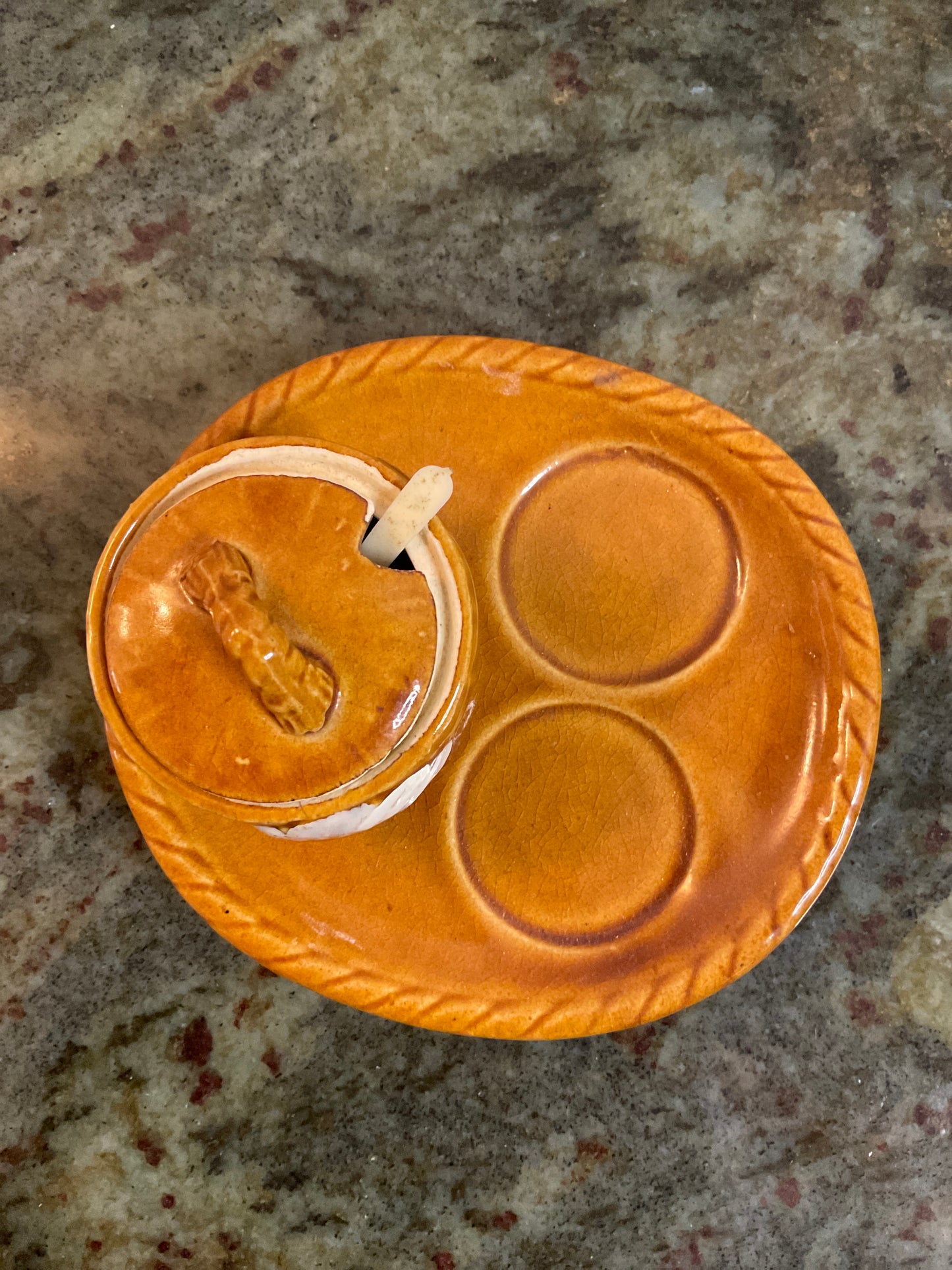 Vintage Ceramic Souvenir Condiment Pot and Tray Set