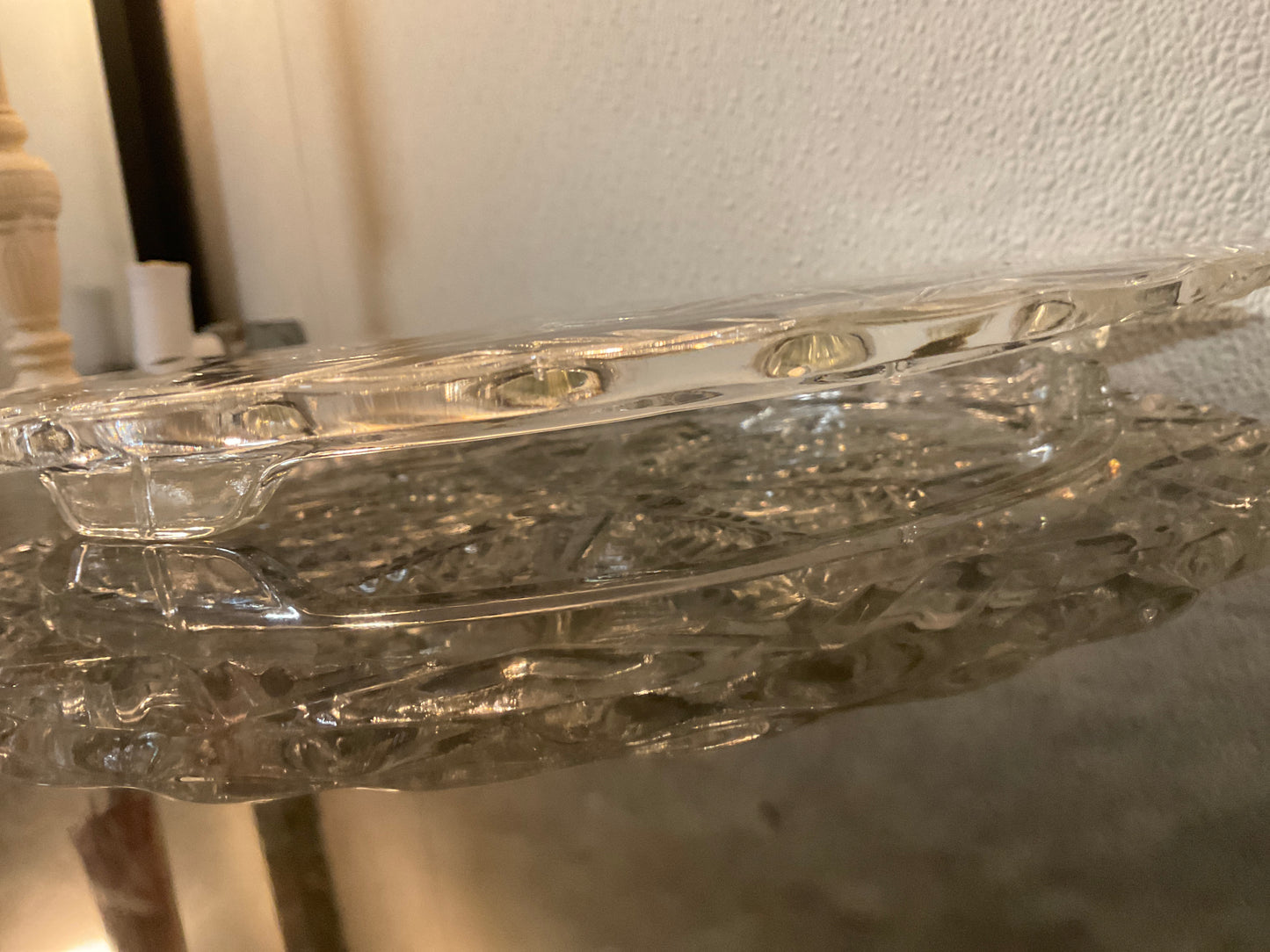Vintage Etched Chevron Starburst Clear Glass Footed Cake Plate
