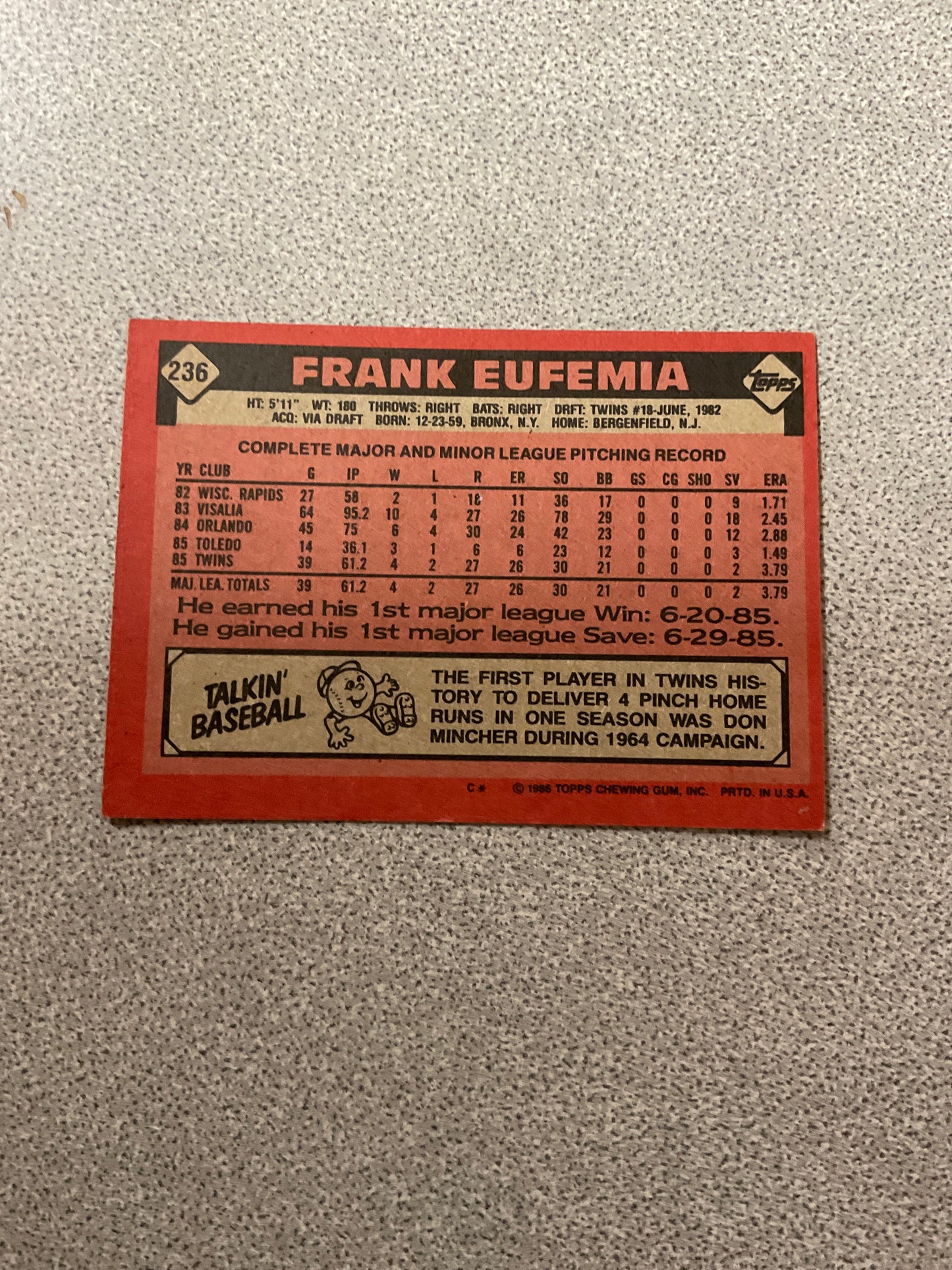 Baseball Card Frank Eufemia