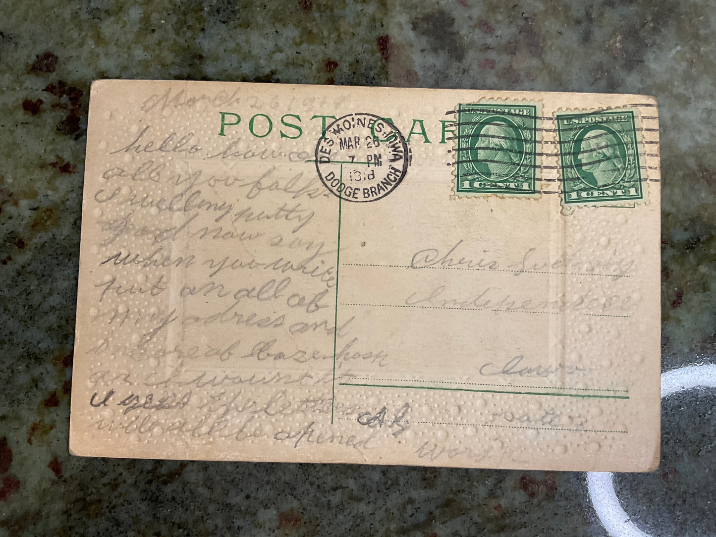The time, place, girl Post Card 1919