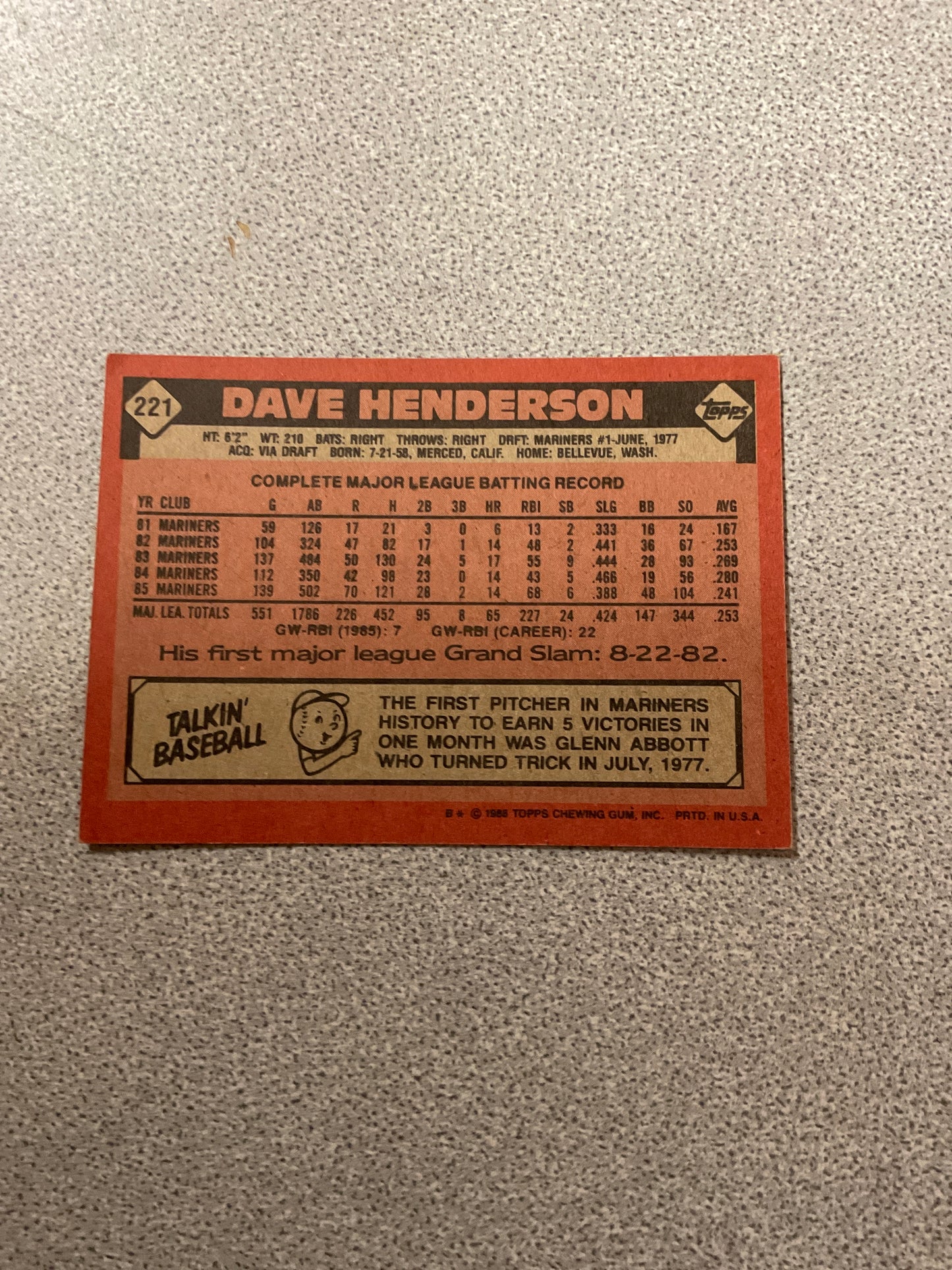 Baseball Card Dave Henderson