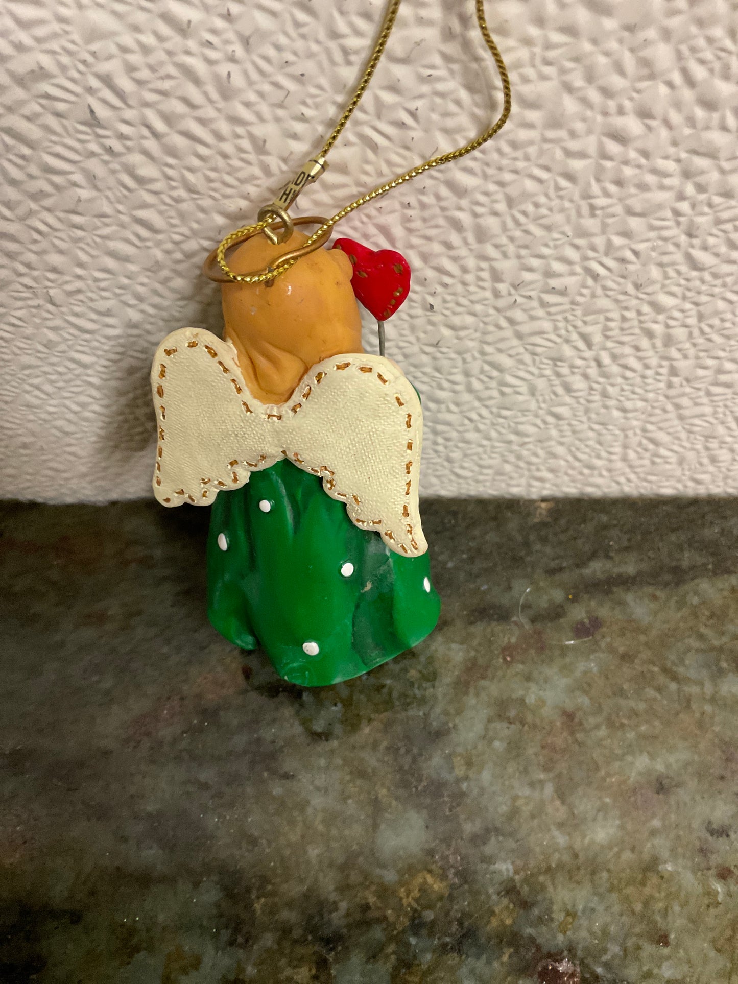 Vintage Christmas Angel Ornament green dress holding heart