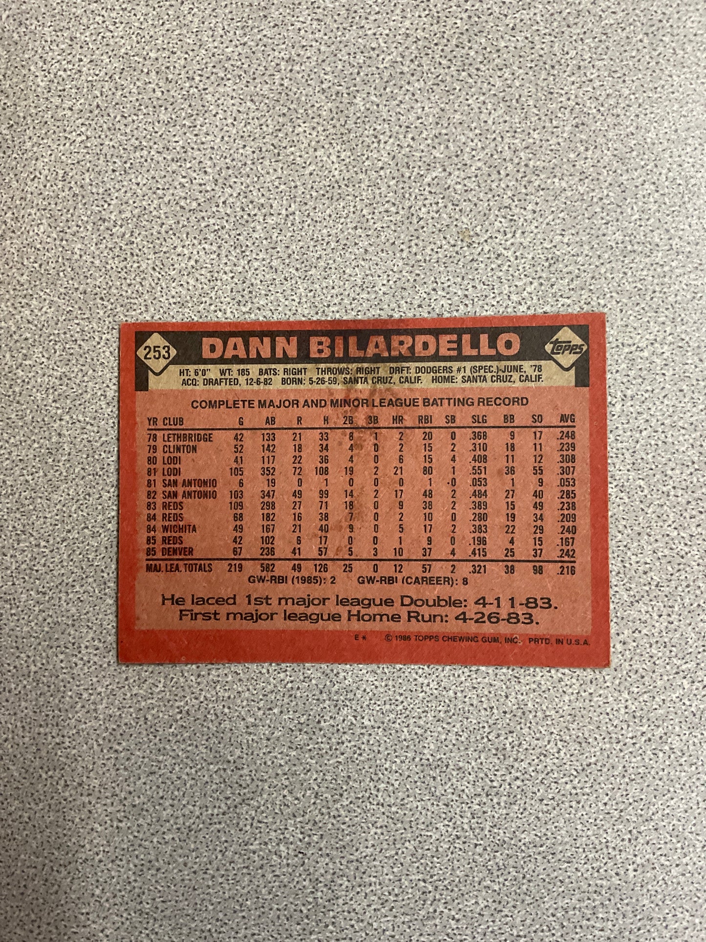Baseball Card-Dann Bilardello