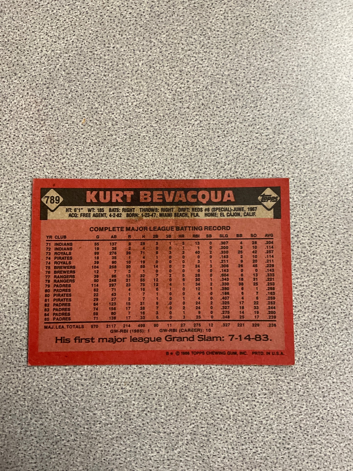 Baseball Card-Kurt Bevacqua