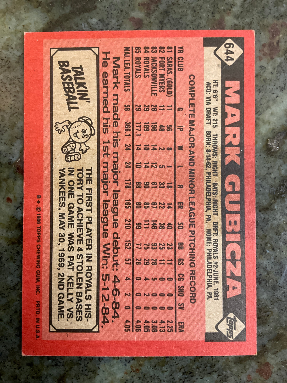 Mark Gubicza 1986 Topps Baseball Card