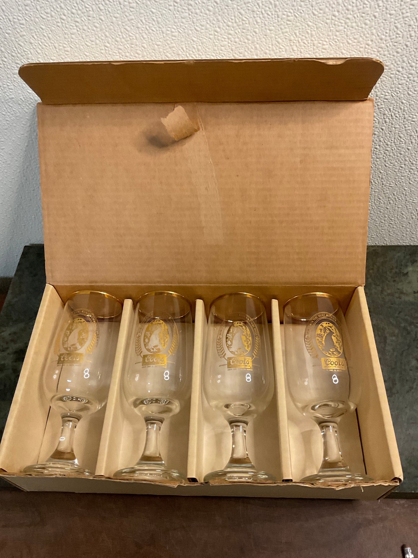 Vintage Seo of 4 Stemmed Pilsner COORS w/Gold Rims & Logo