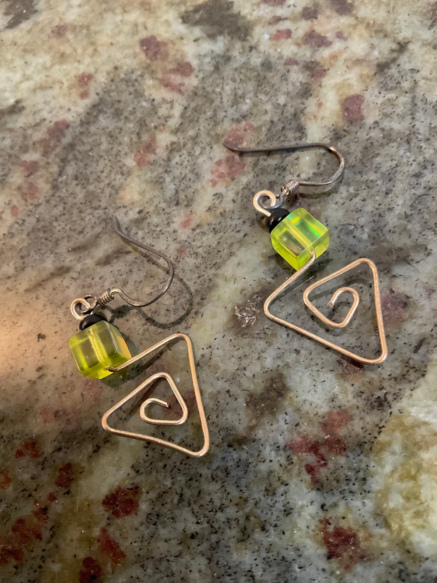Brass Wire/Iridescent Bead Drop Earrings