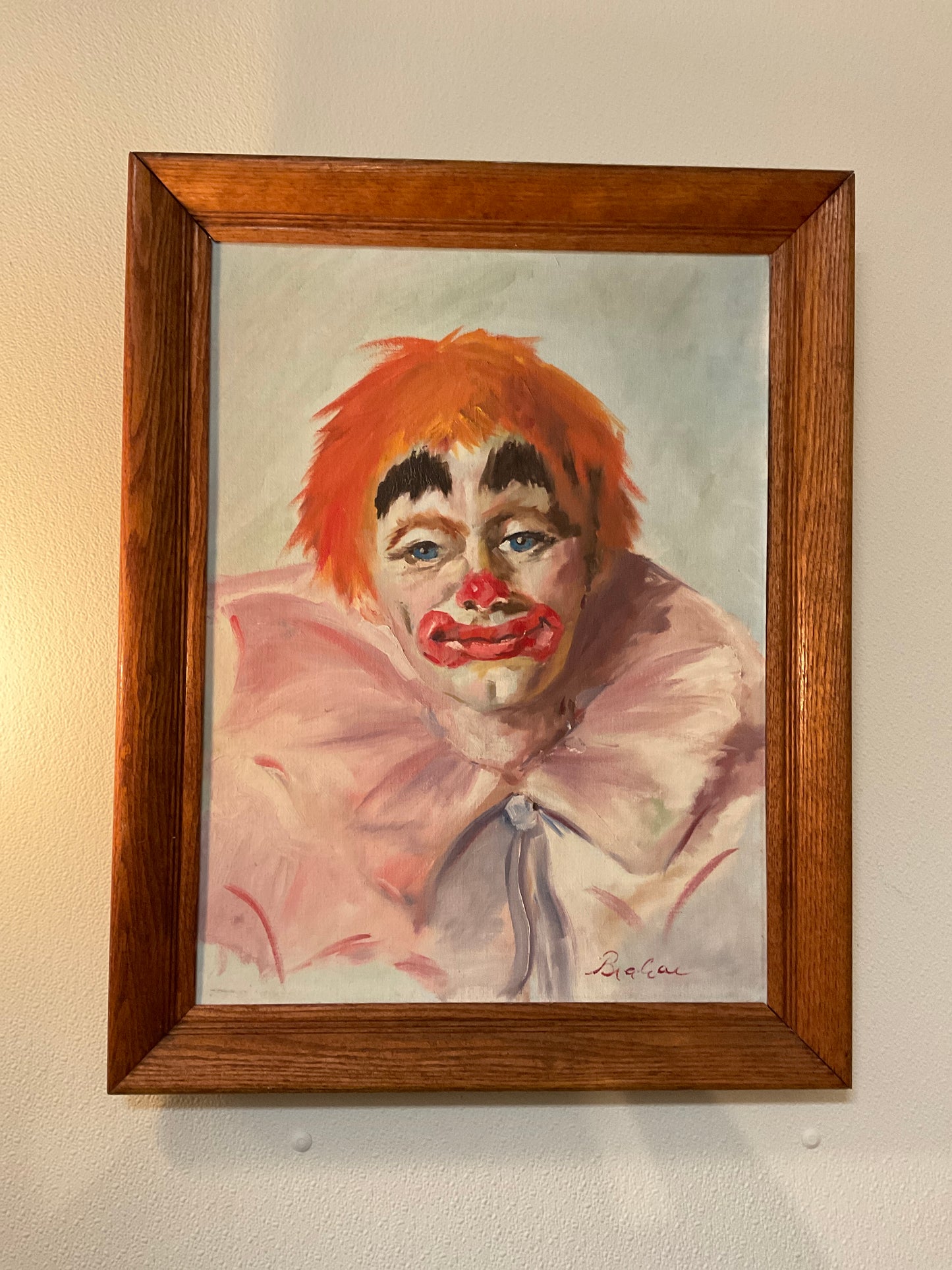 American School 20th Century 1960 Oil Clown on Canvas in Wood Frame