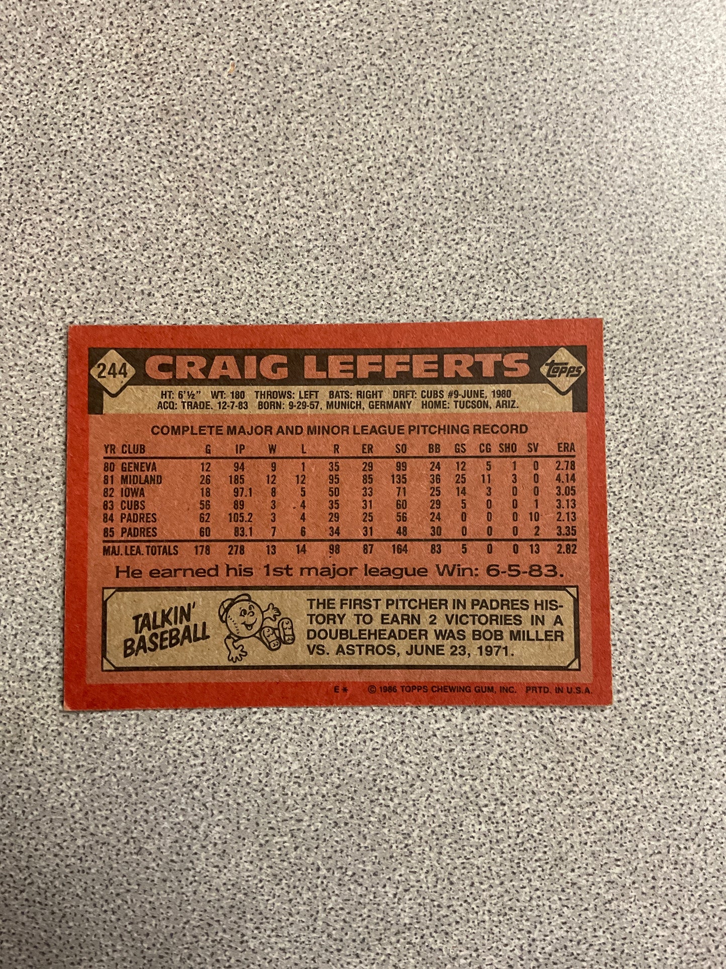 Baseball Card-Craig Lefferts