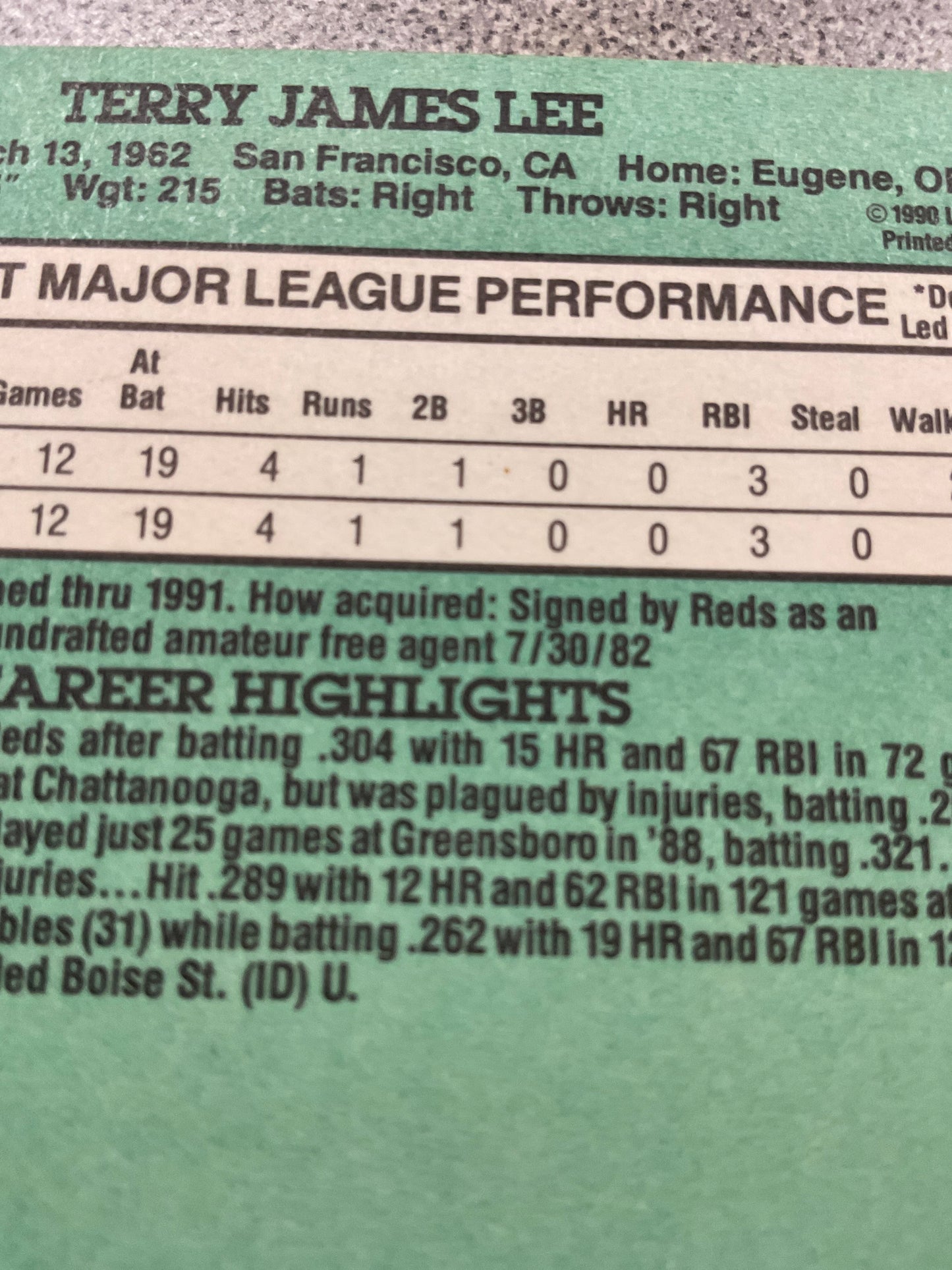 Baseball Card, Terry Lee