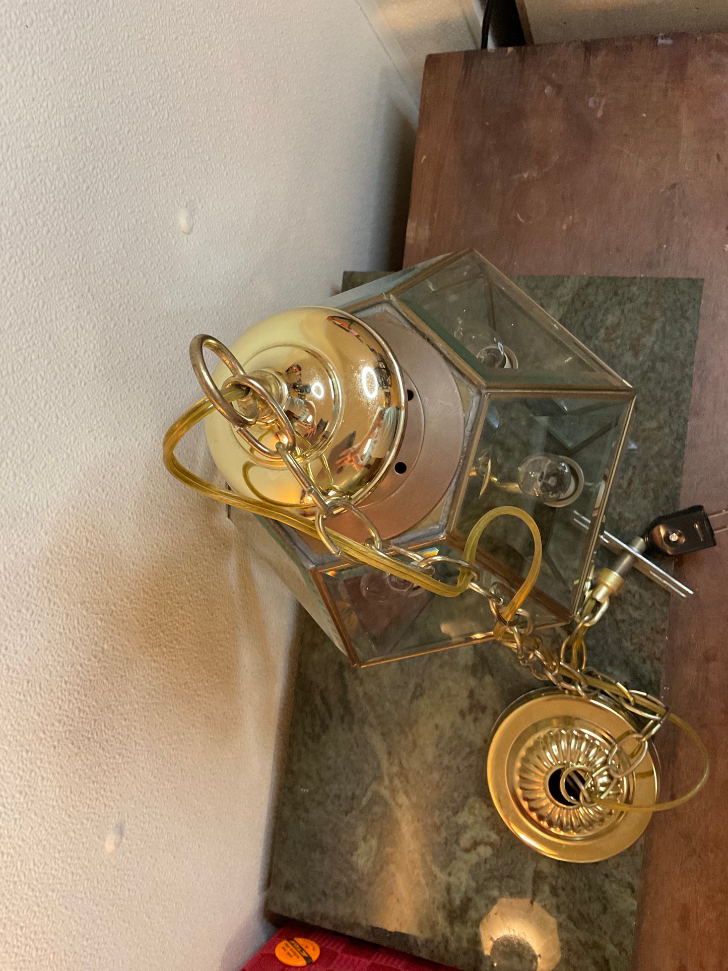 Hexagonal Brass/Beveled Glass Ceiling Fixture