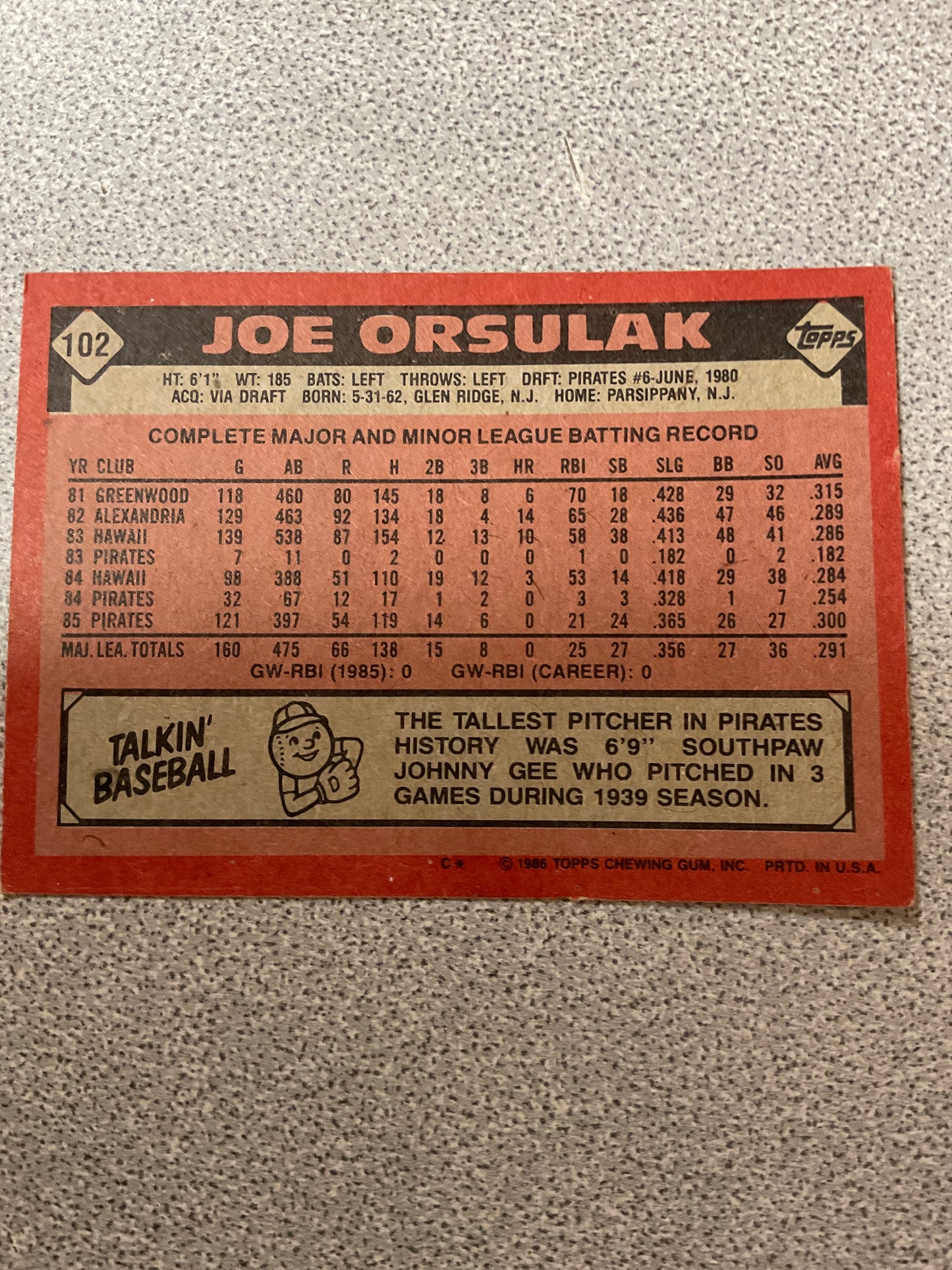 Baseball Card Joe Orsulak