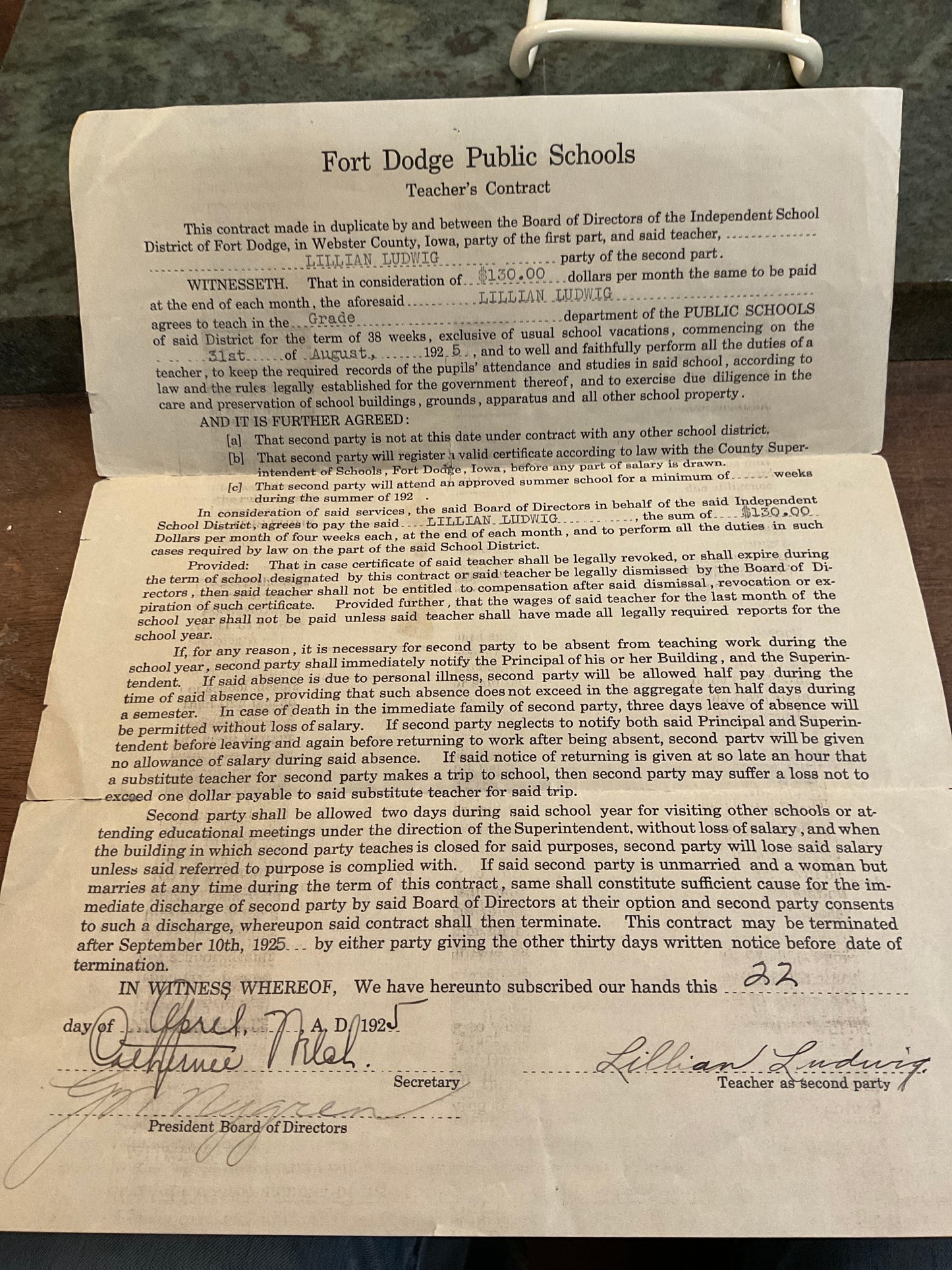 1923 State Teachers Certificate & Contract
