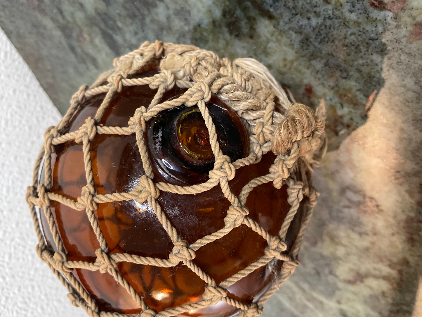 Vtg Amber Glass Fishing Float with Net