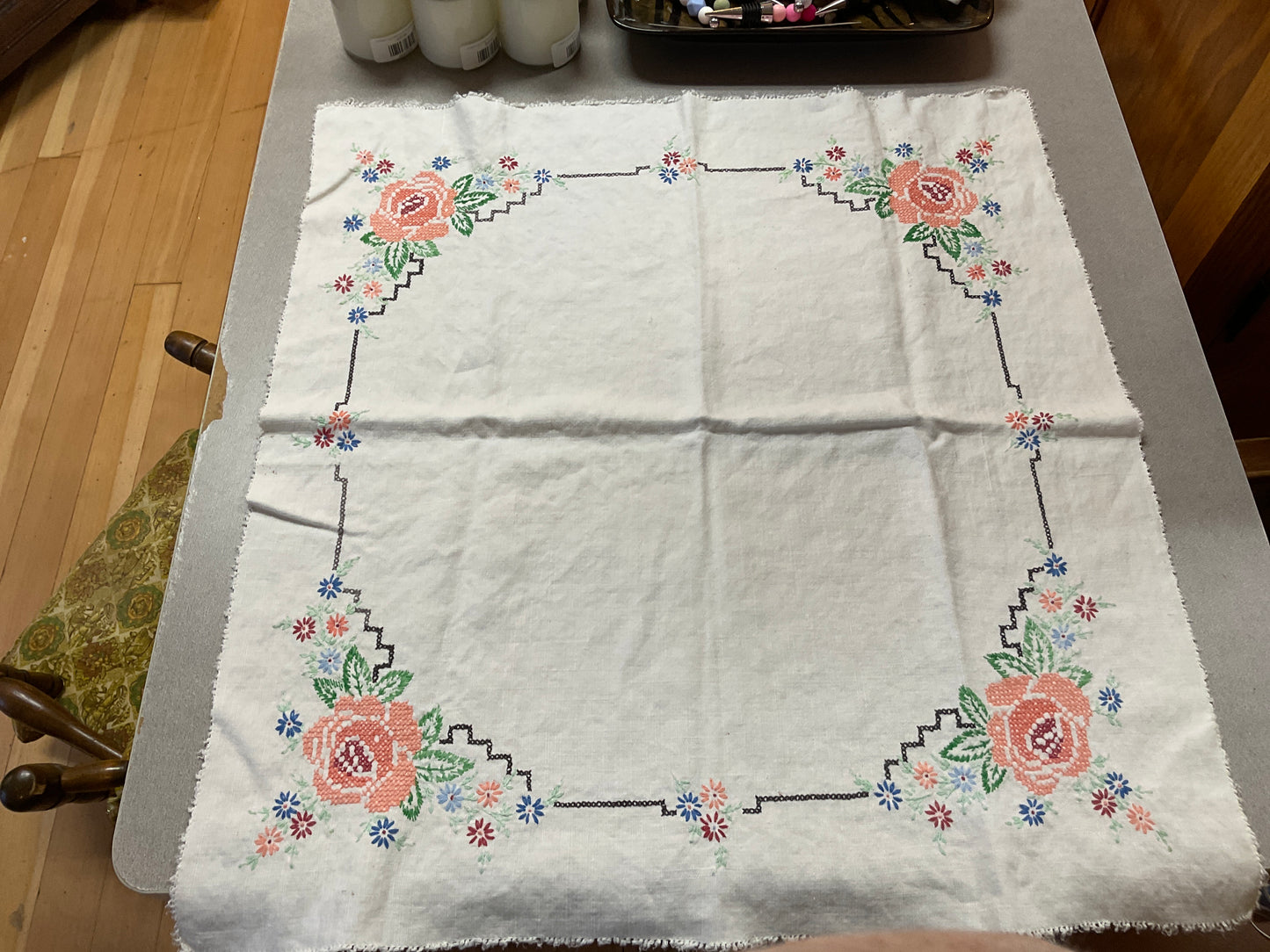 Vtg Cross Stitch 26” x 26” Tablecloth