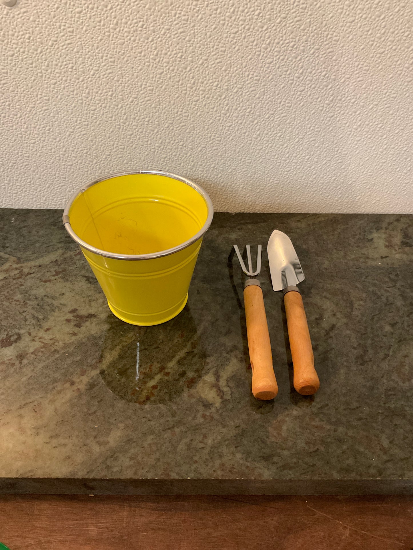 Small Gardening Pot and Mini 3 Prong Rake and Mini Shovel