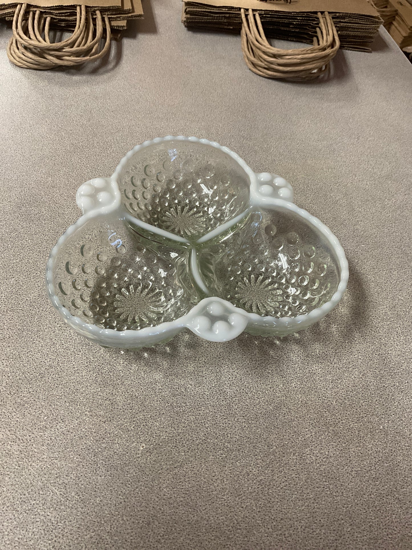 Opalescent Hobnail Glass 3 section dish
