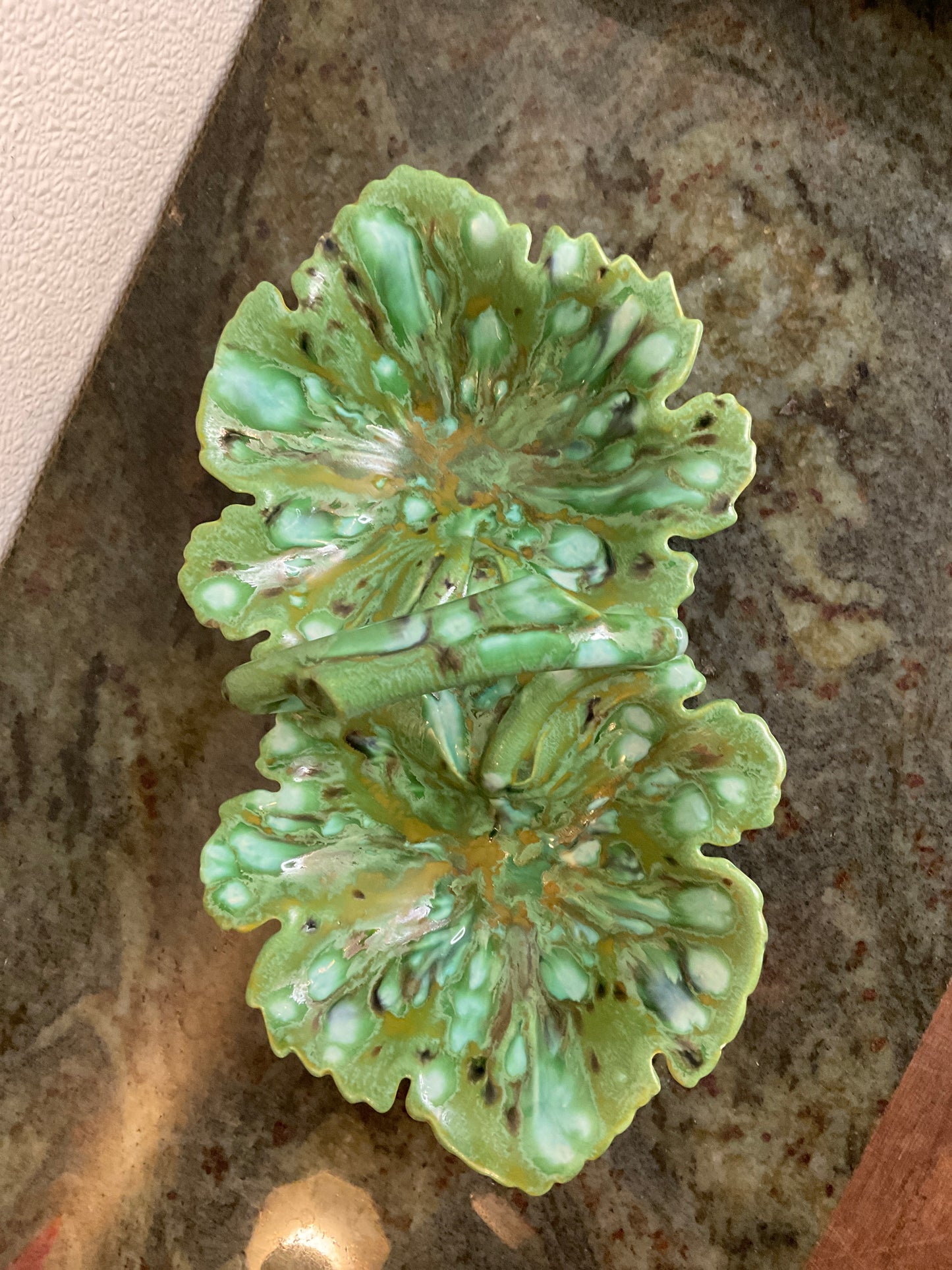 Vintage Green Glazed Double Leaf Candy Dish