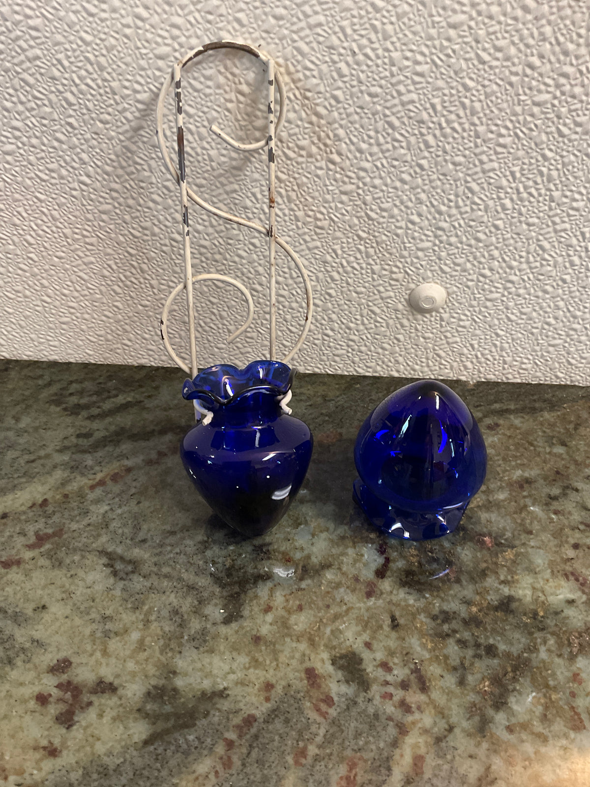 Vintage Cobalt Blue Bud Vase/ Wire Wall Mount