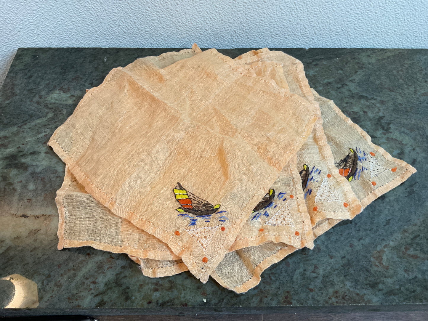 Set of 4 Vintage Linen Cocktail Napkins Embroidered with Chinese Junk Boats