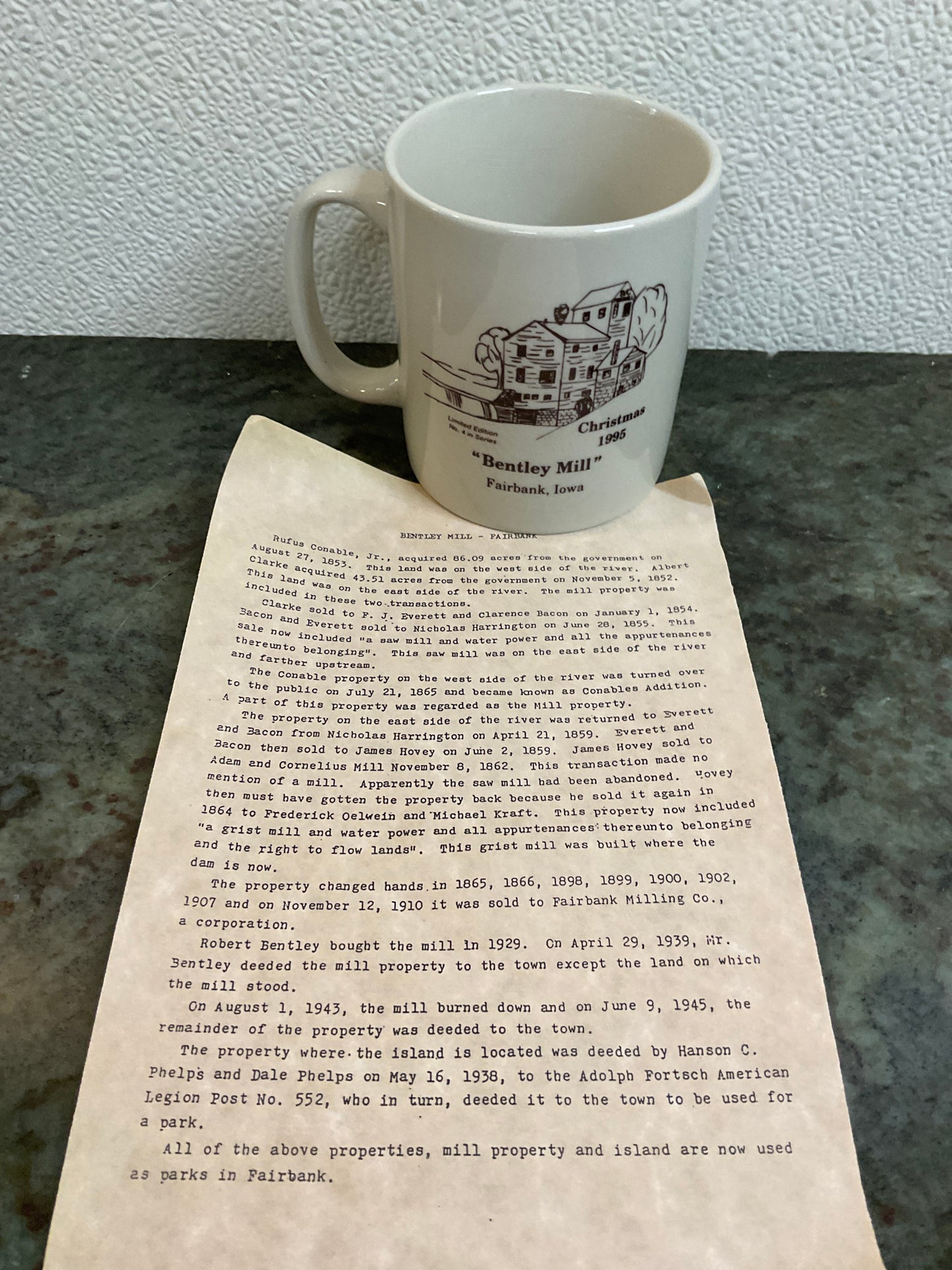 Bentley Mill Fairbanks IA Christmas 1995 Mug