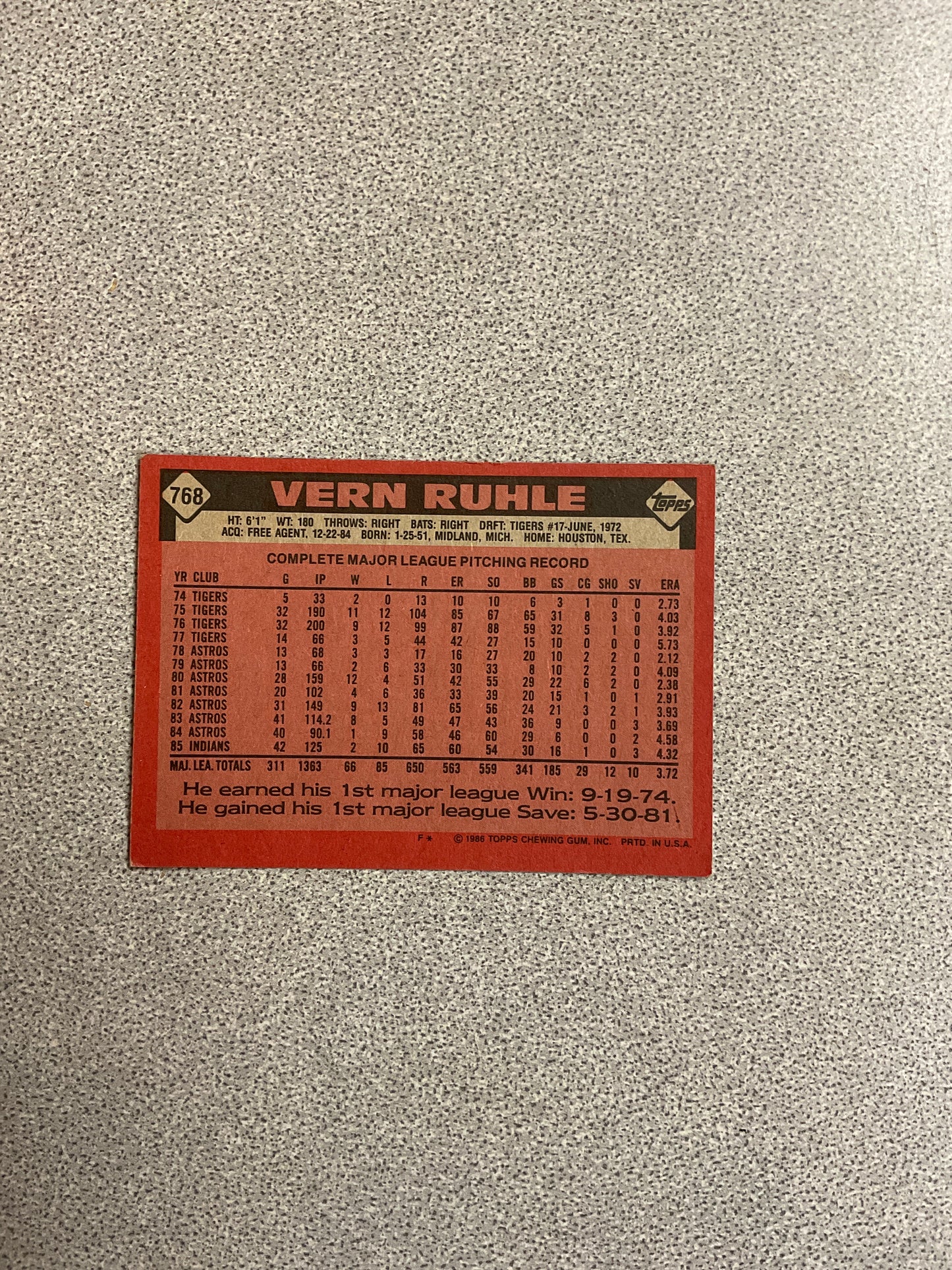 Baseball Card-Vern Ruhle