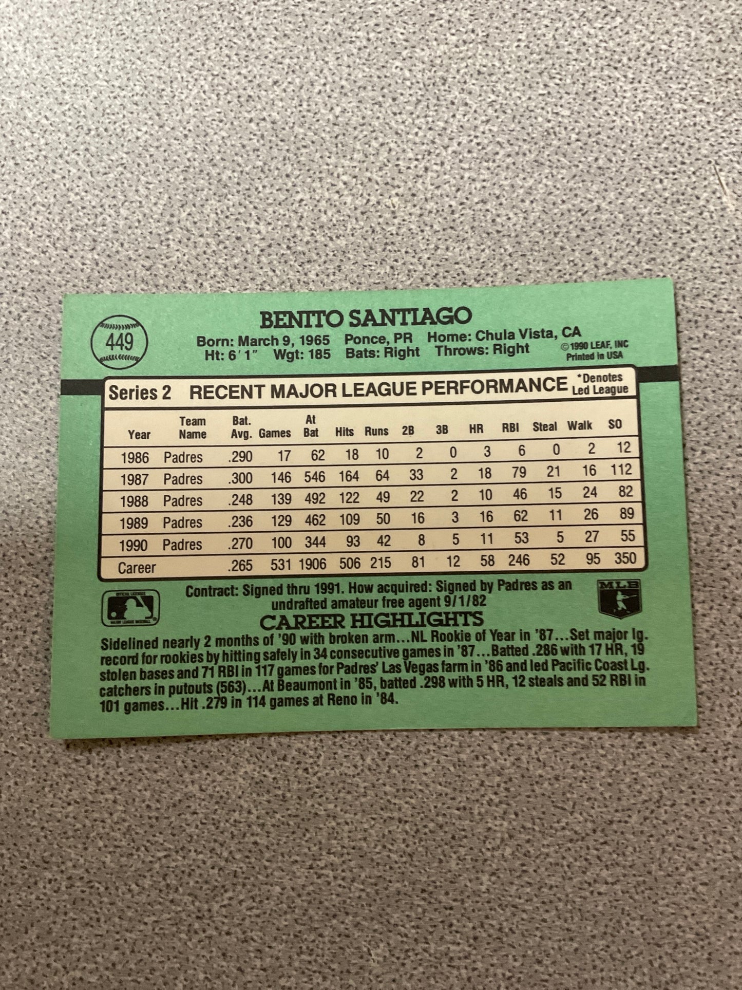 Baseball Card Benito Santiago