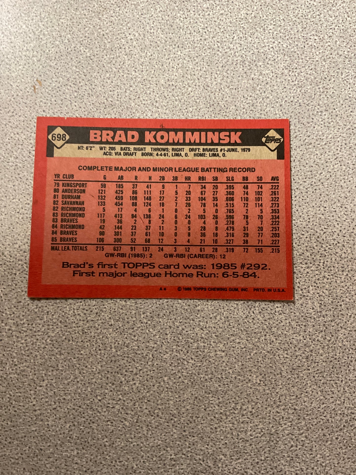 Baseball Card Brad Komminsk