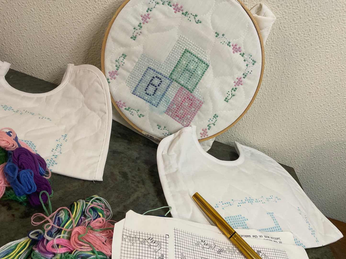 Printed Cross Stitch Nursery Time Bibs Set