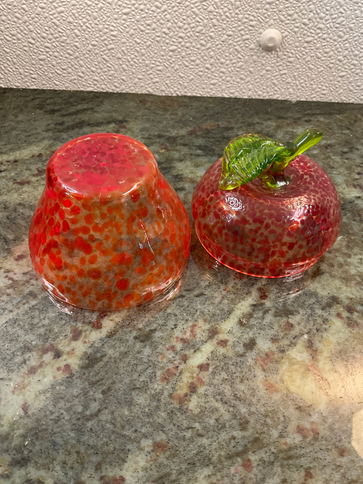 Vintage Hand Blown Red Speckled Glass Apple