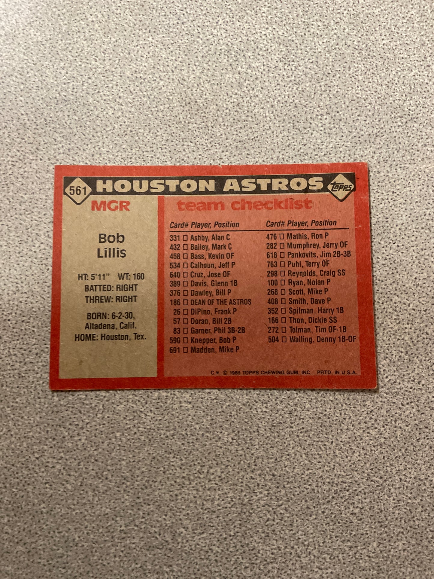 Baseball Card Bob Lillis
