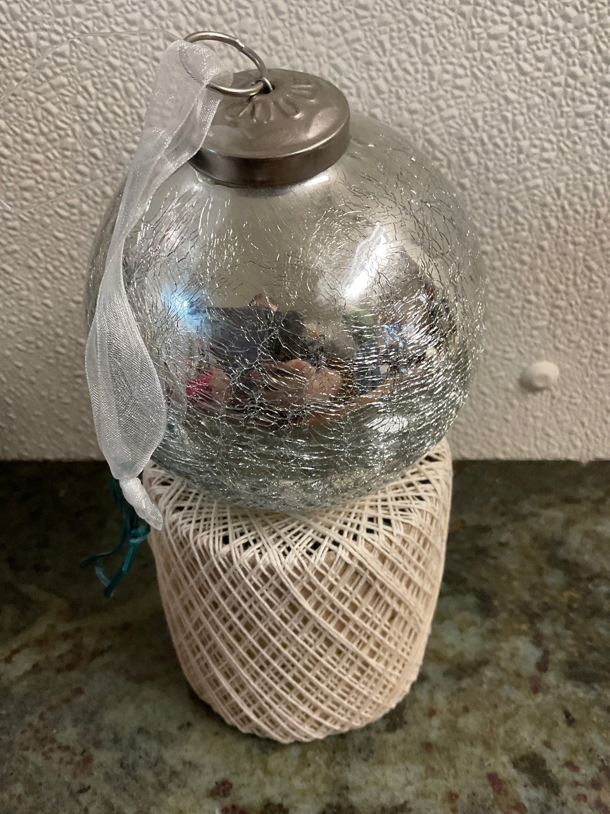 Vintage Kugel- Style Silver Crackle-glass Ornament With Tassel