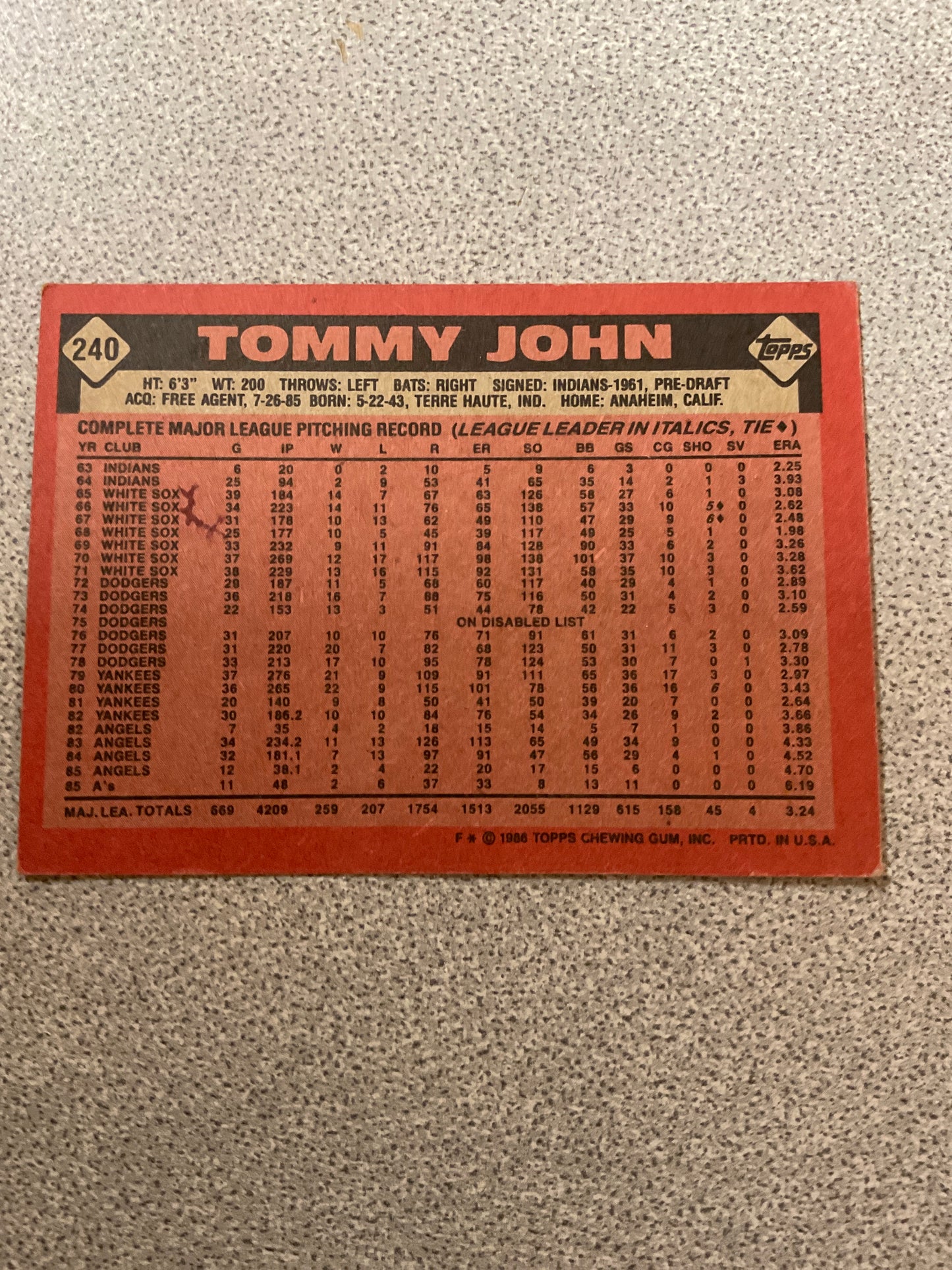 Baseball Card Tommy John