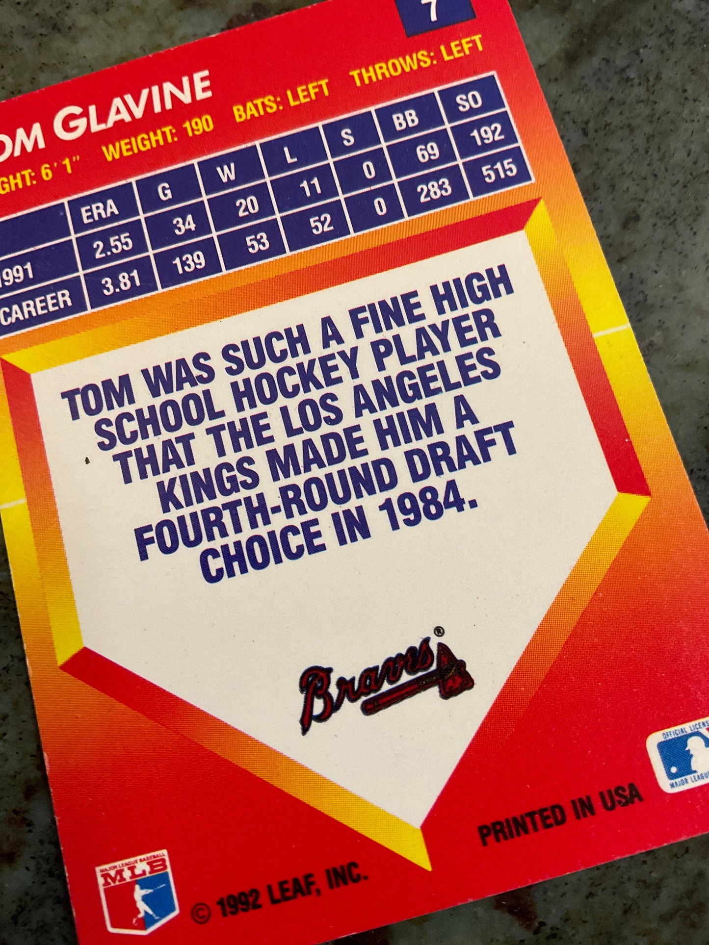 Tom Glavine 1992 Leaf Baseball Card