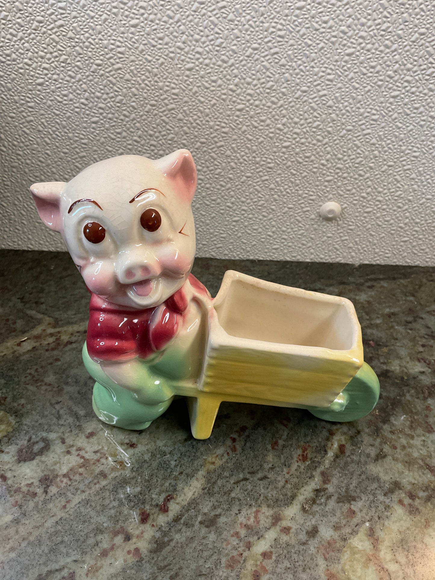 Vintage Ceramic  Planter Pig pushing Wheel Barrow