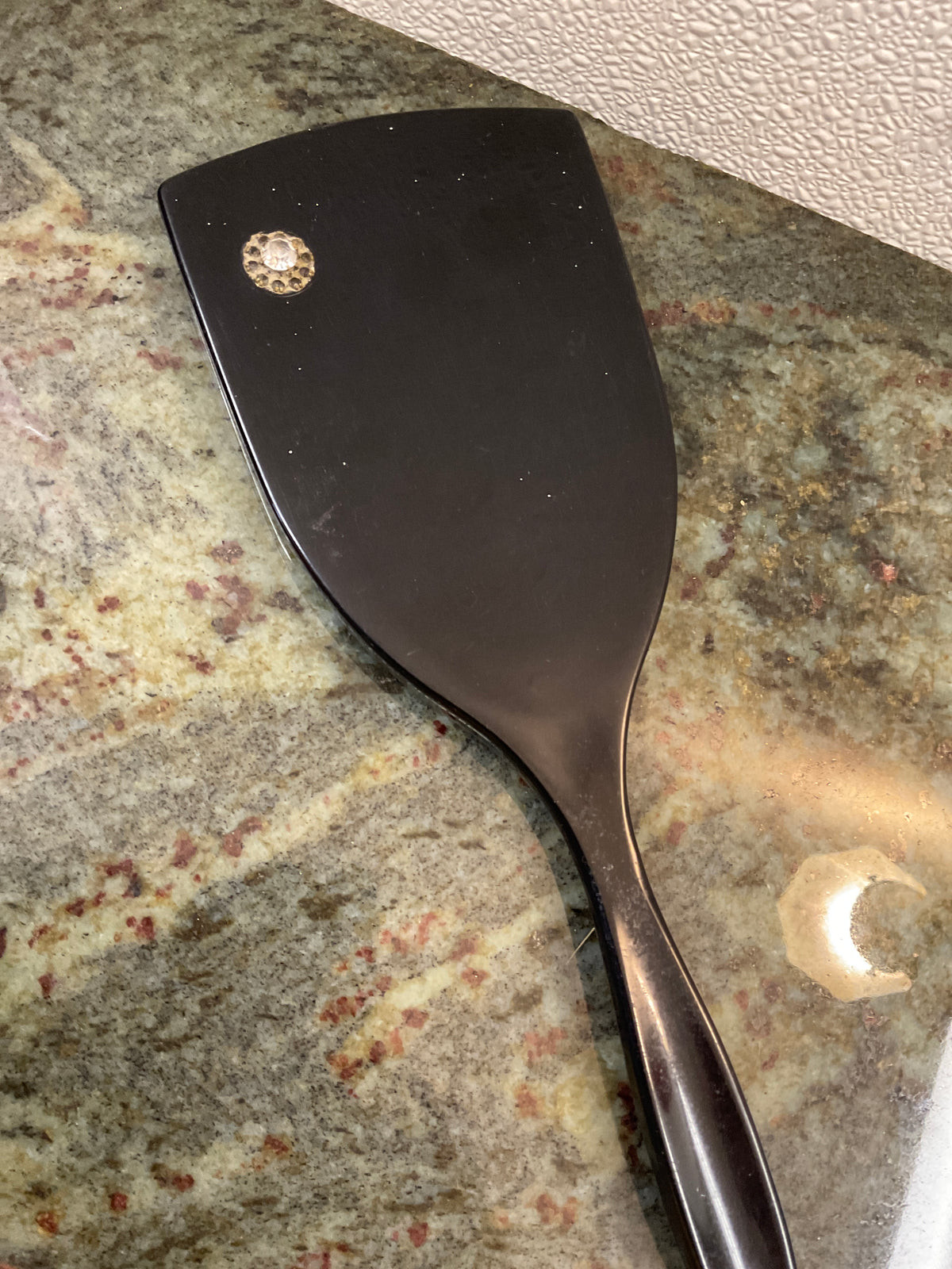 Vintage Black Hand Mirror w/ Rhinestones