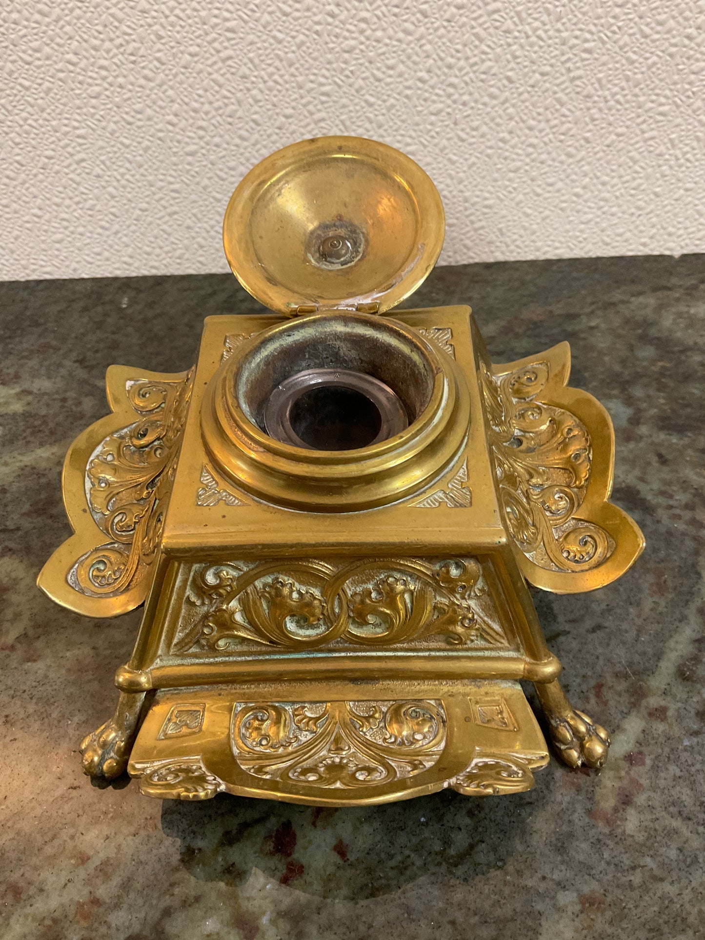 Vtg Brass Ink Well w/Glass Ink Bottle