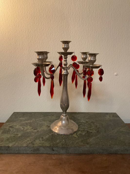 4 Arm Candelabra With Red Glass Prism