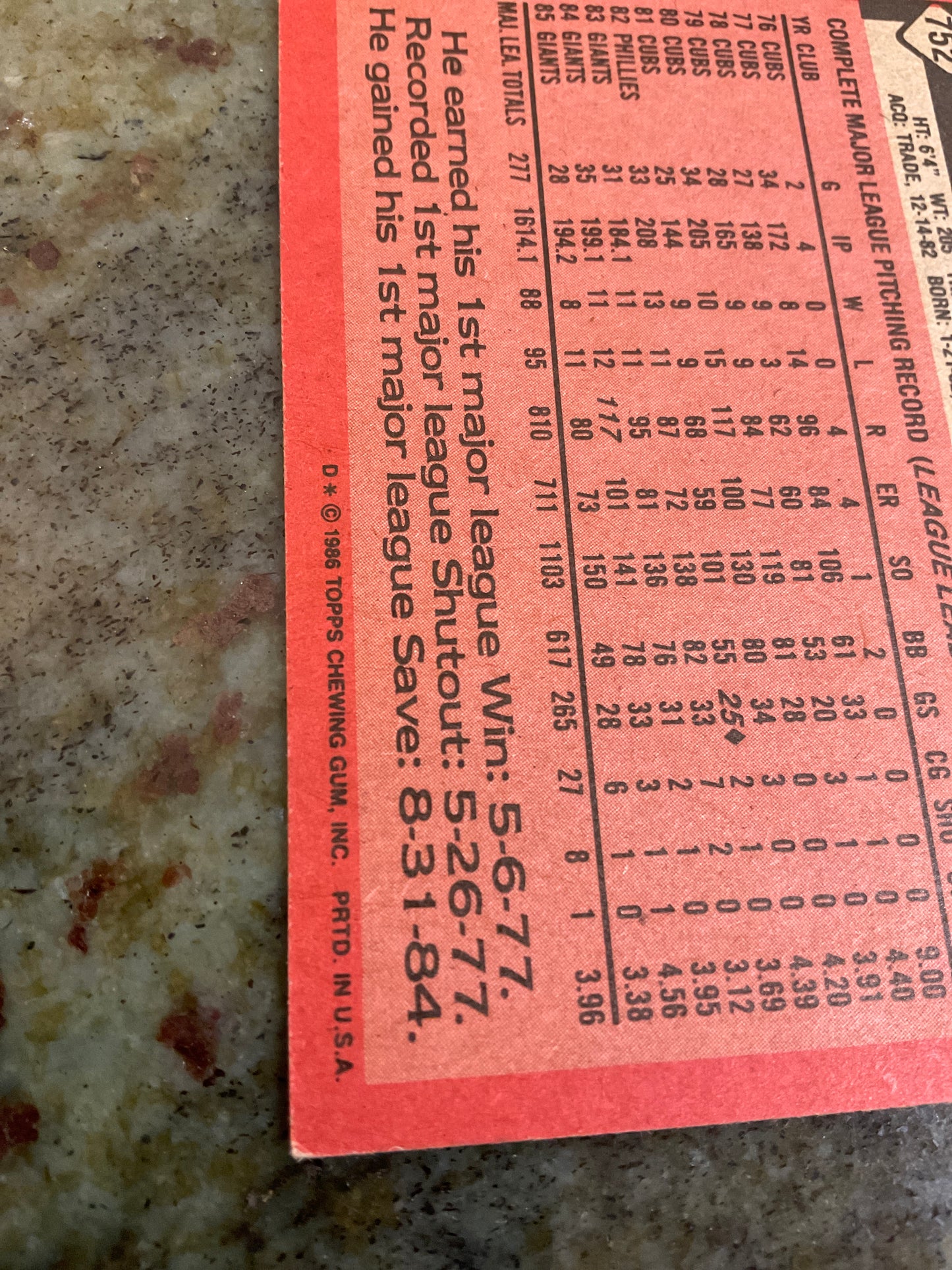 Mike Krukow 1986 Topps Baseball Card
